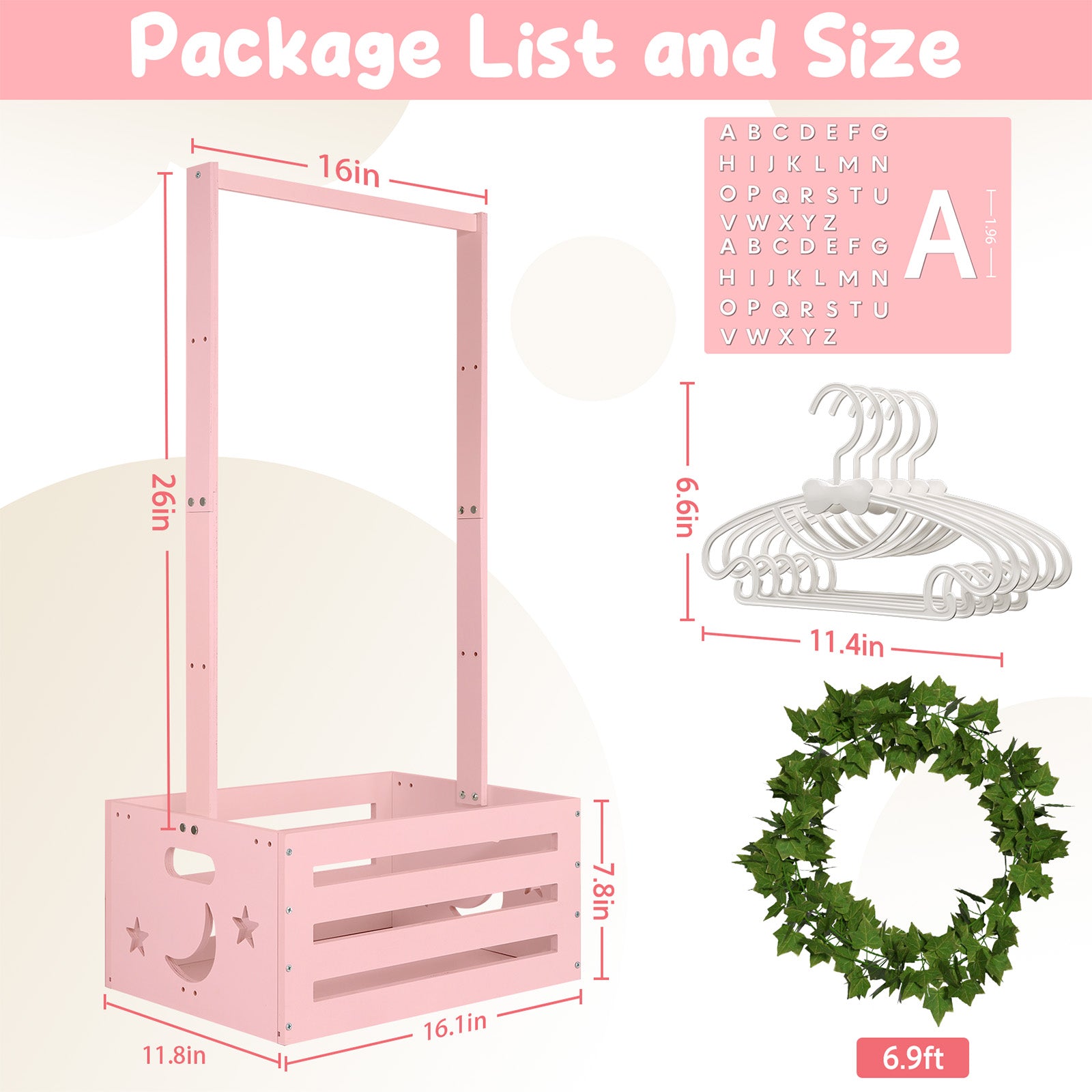 TeSabMi Baby Shower Gift Basket, Large Personalized Wooden Crate with Letters and Clothes Hangers for Newborn Nursery Room, Pink