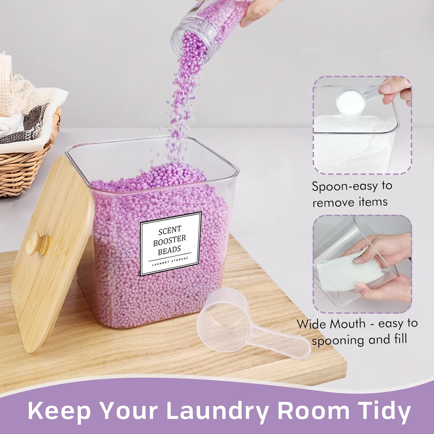 TeSabMi 3+1 Pack Laundry Pods Container Set with Dryer Sheet Holder, PET Plastic Storage Jars with Labels & Scoops, Natural