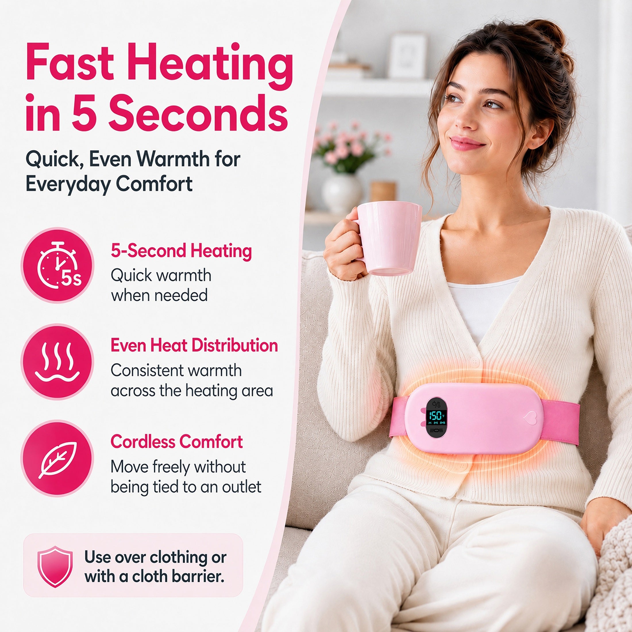 TeSabMi Cordless Heating Pad for Period Cramps, Portable Menstrual Heating Belt with 6 Heat Levels, 6 Vibration Modes, Gift for Women Her Pink
