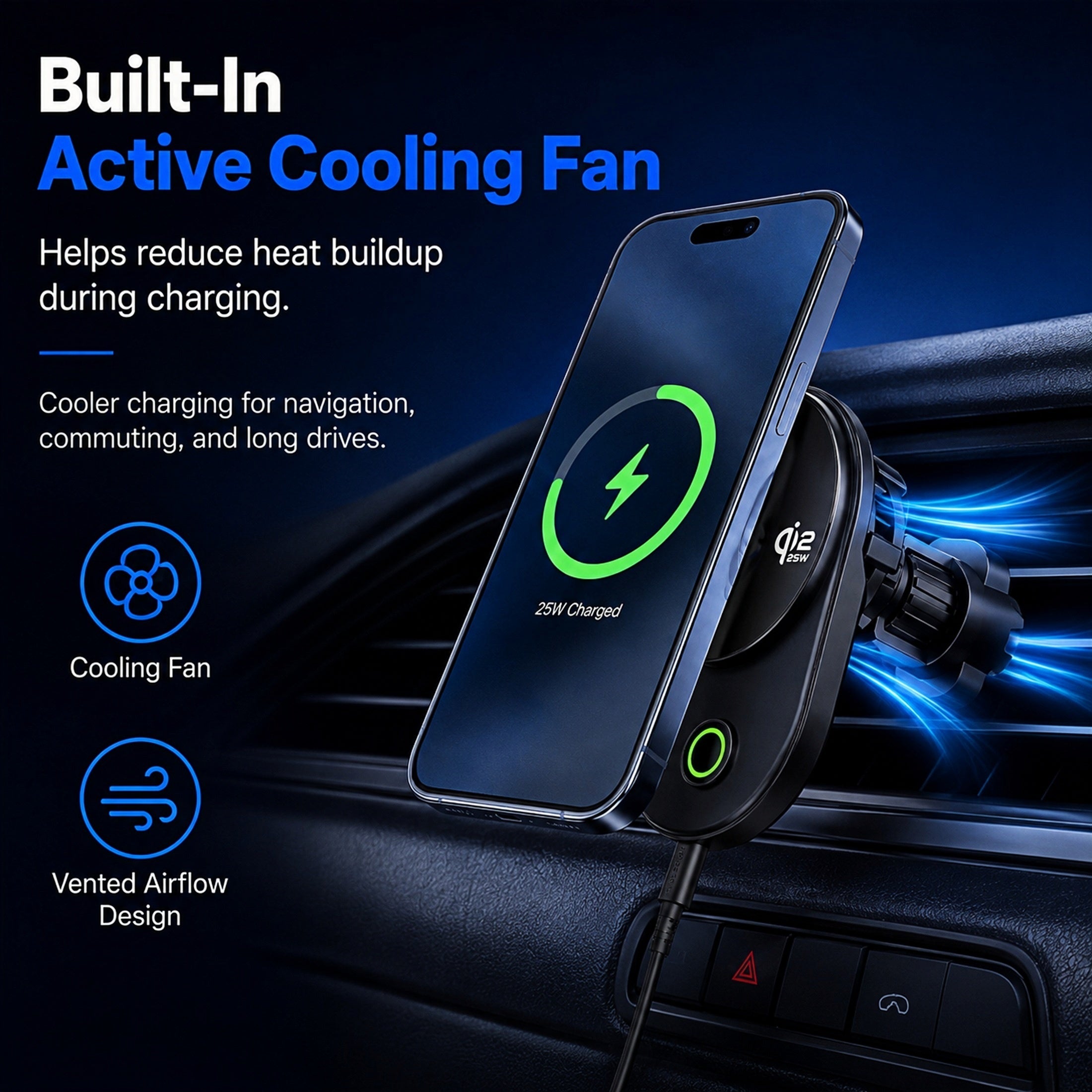 TeSabMi 25W Fast Charging Magnetic Wireless Car Charger Mount with Active Cooling, Air Vent Phone Holder for iPhone 12 to 17 Series