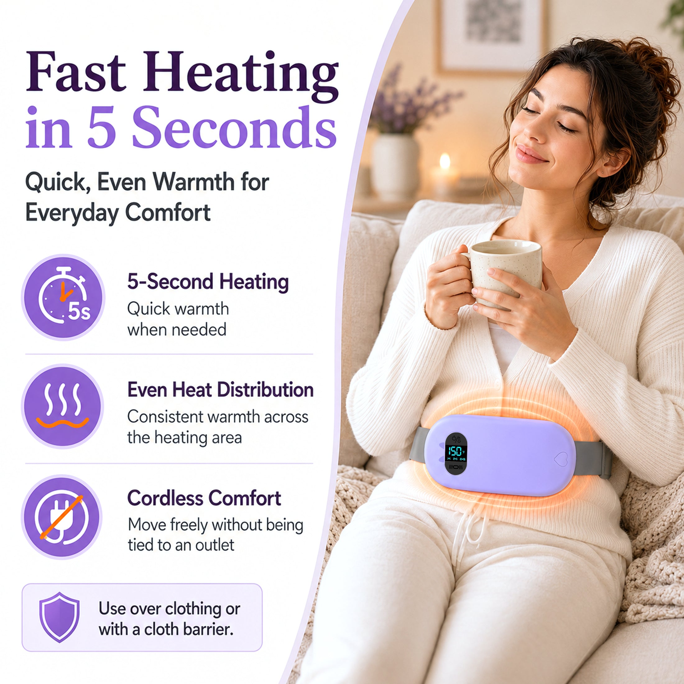 TeSabMi Cordless Heating Pad for Period Cramps, Portable Menstrual Heating Belt with 6 Heat Levels, 6 Vibration Modes, Gift for Women Her Purple