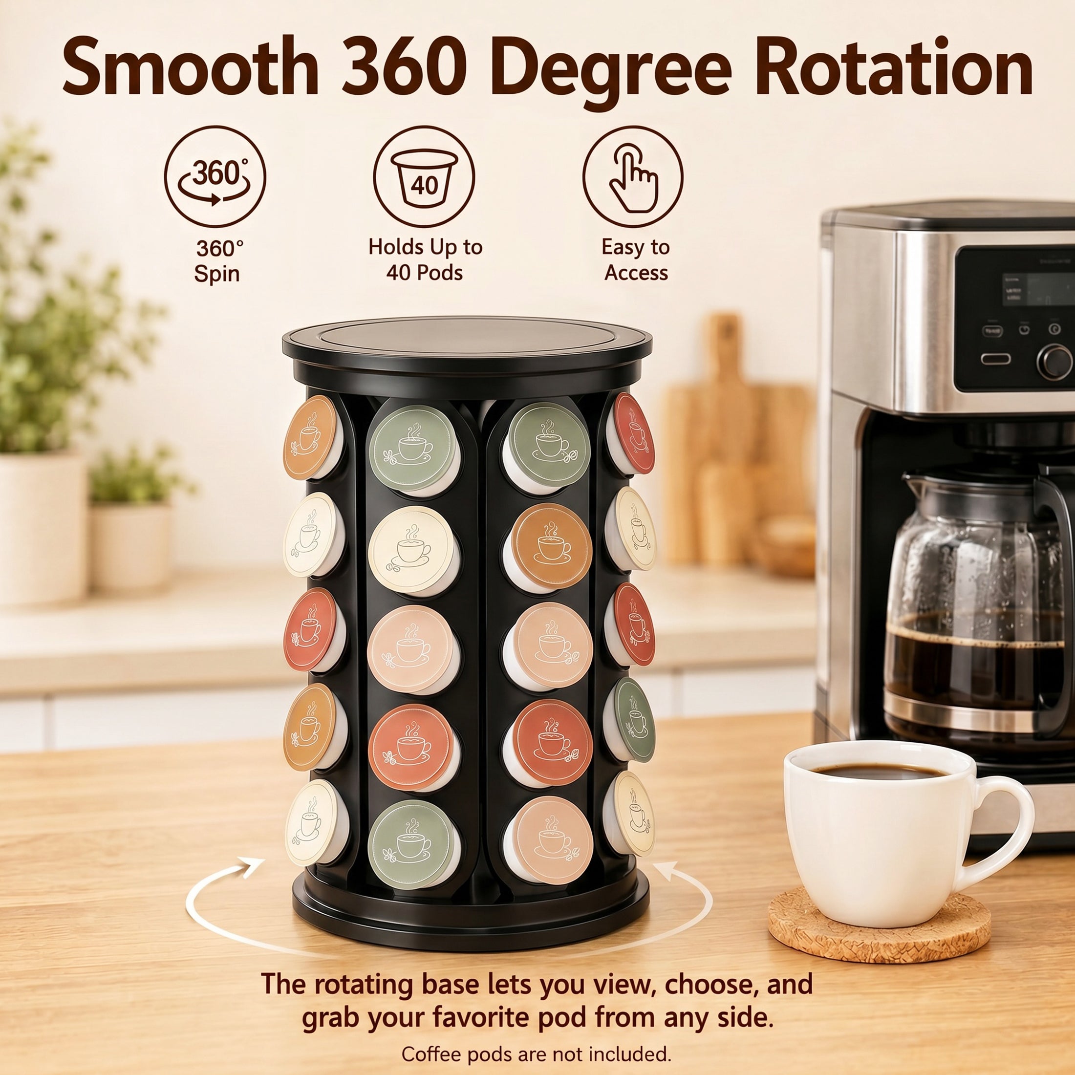 TeSabMi K Cup Holder, 40-Pod Coffee Pod Carousel Organizer, 360 Degree Rotating Countertop Stand, Black