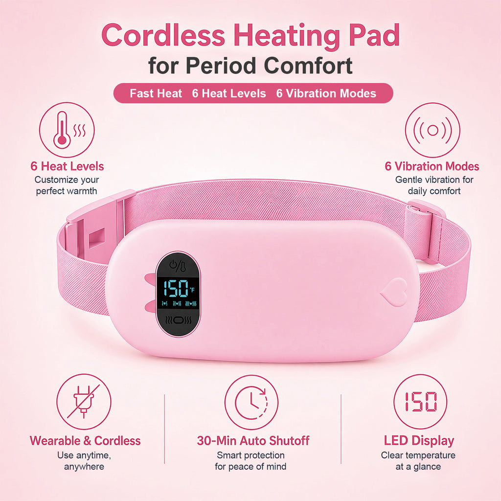 TeSabMi Cordless Heating Pad for Period Cramps, Portable Menstrual Heating Belt with 6 Heat Levels, 6 Vibration Modes, Gift for Women Her Pink
