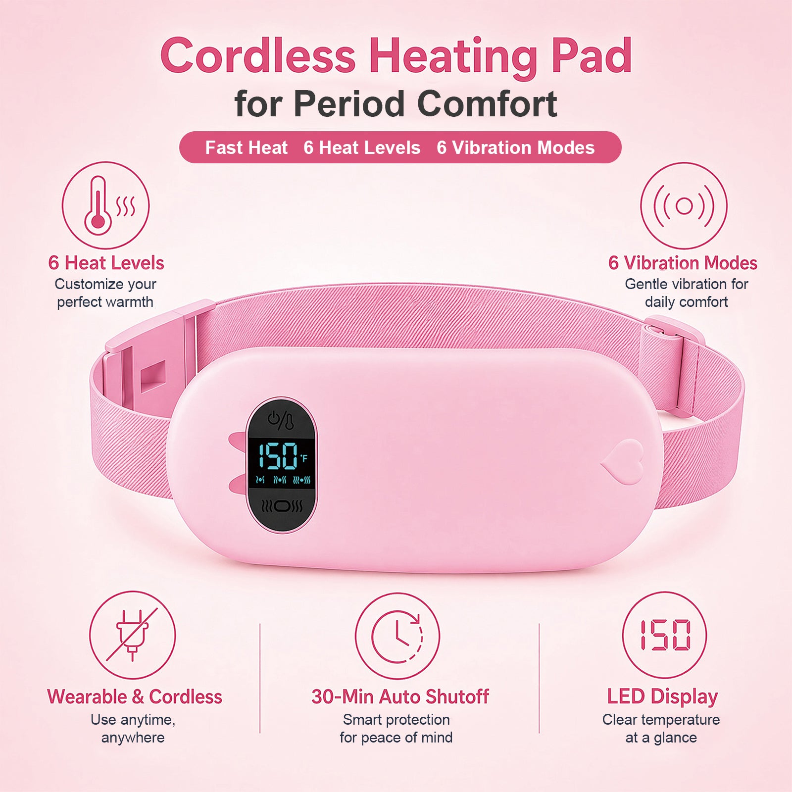 TeSabMi Cordless Heating Pad for Period Cramps, Portable Menstrual Heating Belt with 6 Heat Levels, 6 Vibration Modes, Gift for Women Her Pink