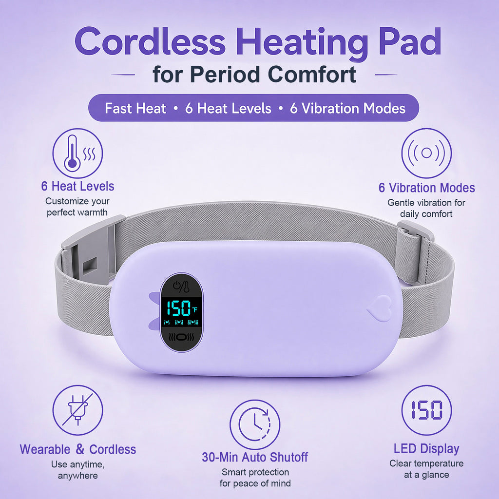 TeSabMi Cordless Heating Pad for Period Cramps, Portable Menstrual Heating Belt with 6 Heat Levels, 6 Vibration Modes, Gift for Women Her Purple
