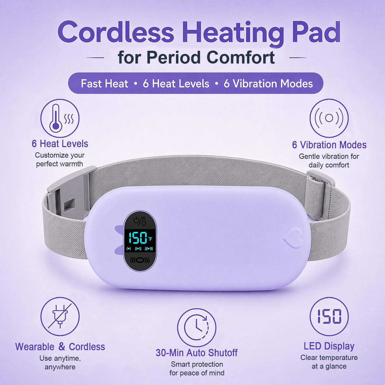 TeSabMi Cordless Heating Pad for Period Cramps, Portable Menstrual Heating Belt with 6 Heat Levels, 6 Vibration Modes, Gift for Women Her Purple