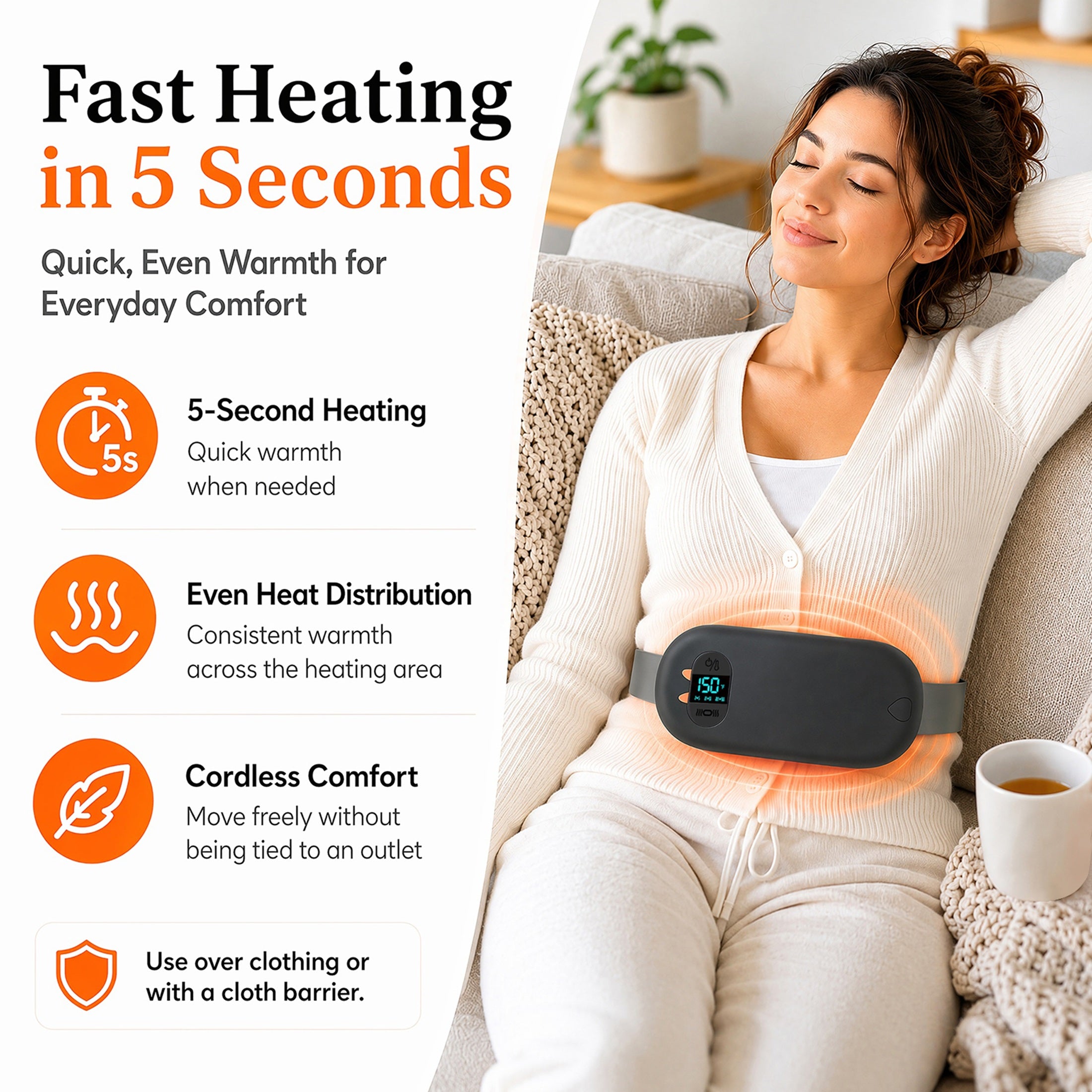 TeSabMi Cordless Heating Pad for Period Cramps, Portable Menstrual Heating Belt with 6 Heat Levels, 6 Vibration Modes, Gift for Women Her Black