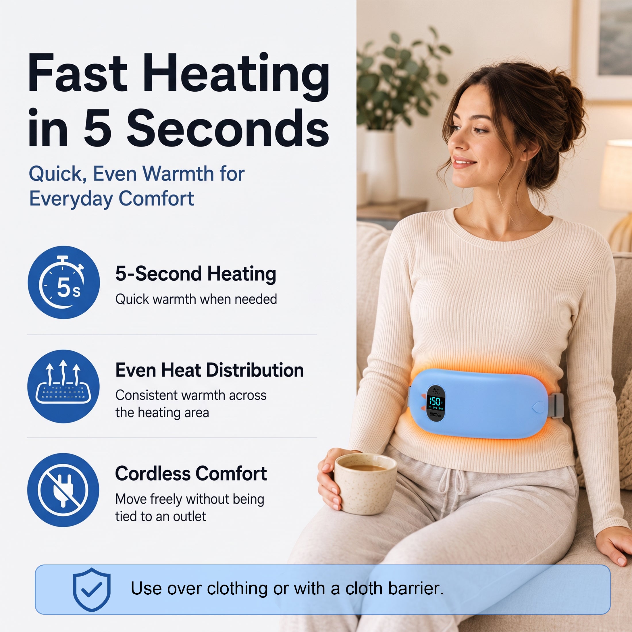 TeSabMi Cordless Heating Pad for Period Cramps, Portable Menstrual Heating Belt with 6 Heat Levels, 6 Vibration Modes, Gift for Women Her Blue