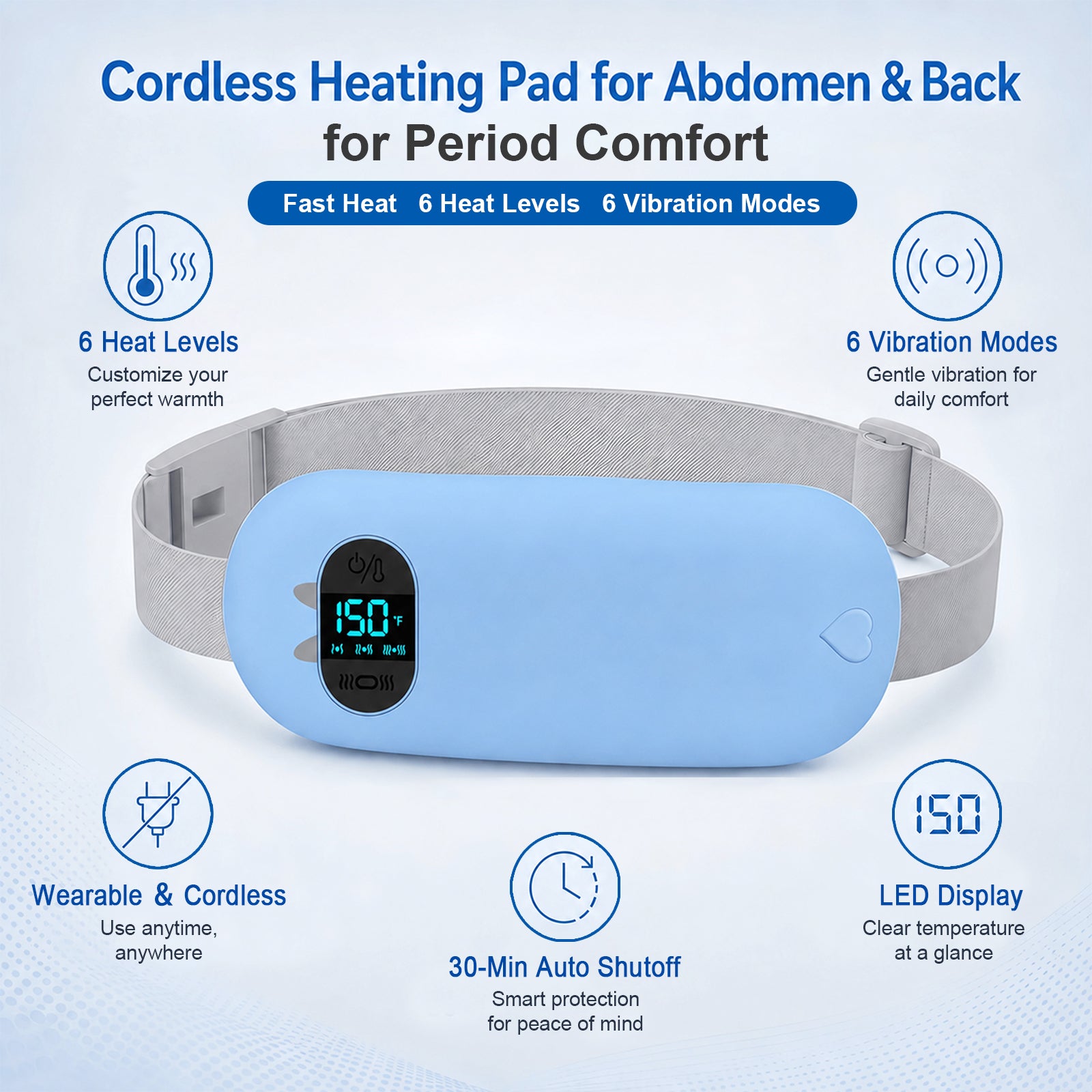 TeSabMi Cordless Heating Pad for Period Cramps, Portable Menstrual Heating Belt with 6 Heat Levels, 6 Vibration Modes, Gift for Women Her Blue