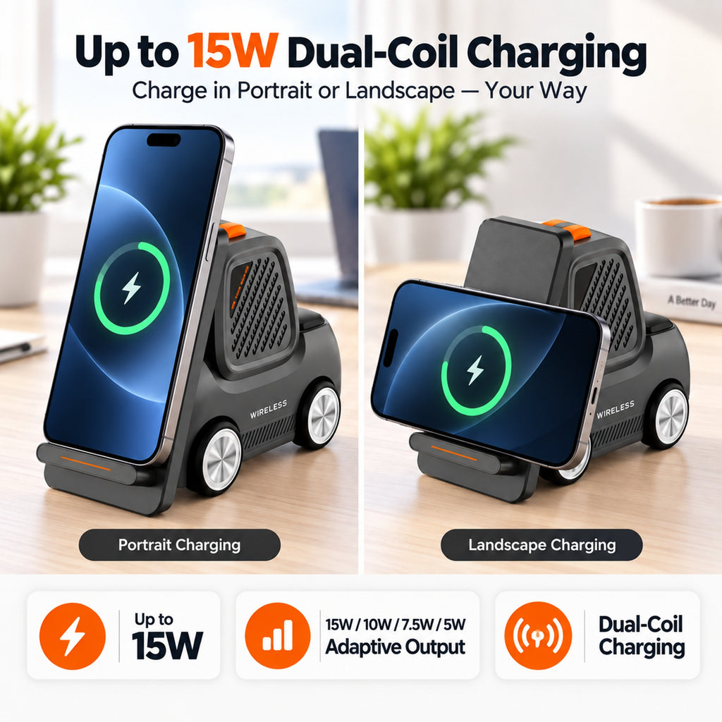 TeSabMi 5-in-1 Wireless Charging Station with Bluetooth Speaker, Up to 15W Dual-Coil Charger, Compatible with iPhone, Apple Watch & AirPods