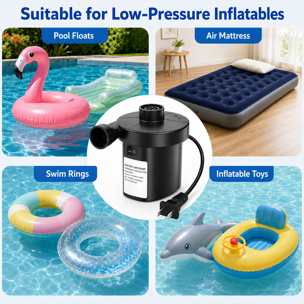 TeSabMi Electric Air Pump for Inflatables, 130W AC Quick Fill Air Mattress Pump with 3 Nozzles, Inflator Deflator for Pool Floats and Swim Rings