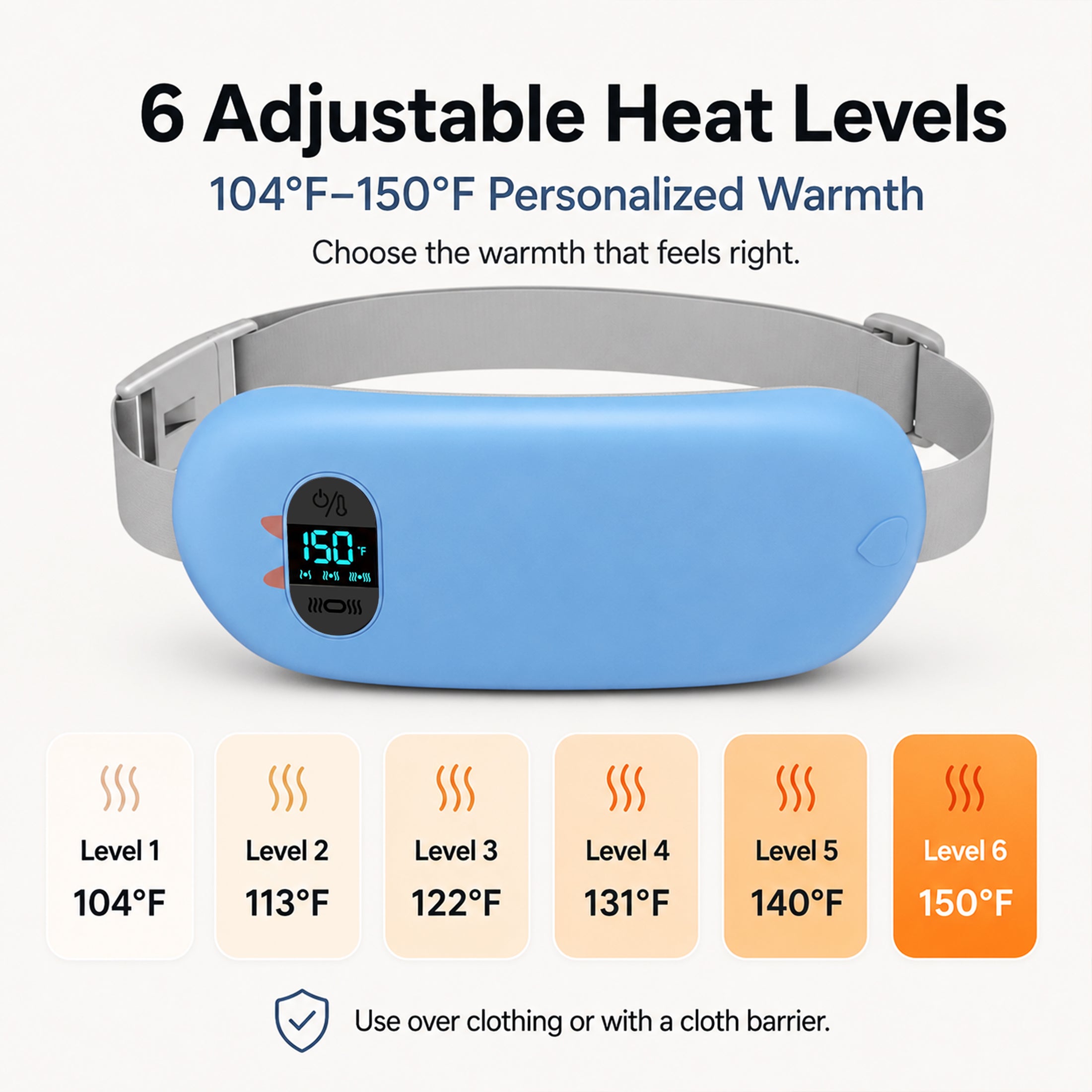 TeSabMi Cordless Heating Pad for Period Cramps, Portable Menstrual Heating Belt with 6 Heat Levels, 6 Vibration Modes, Gift for Women Her Blue