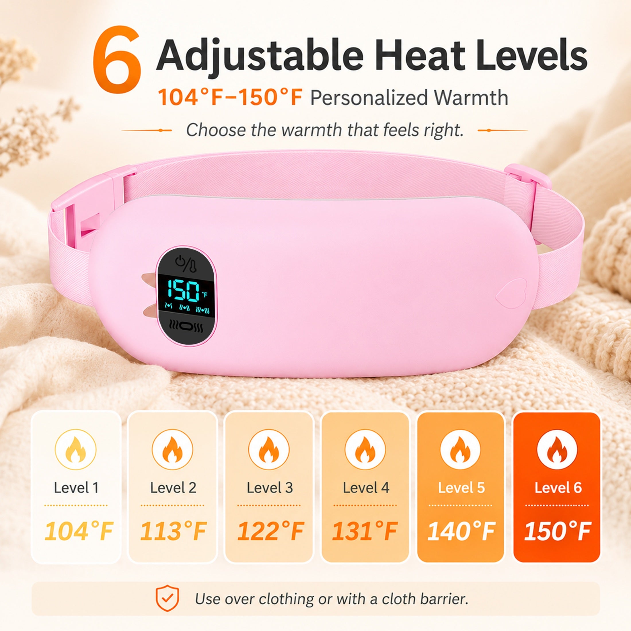 TeSabMi Cordless Heating Pad for Period Cramps, Portable Menstrual Heating Belt with 6 Heat Levels, 6 Vibration Modes, Gift for Women Her Pink
