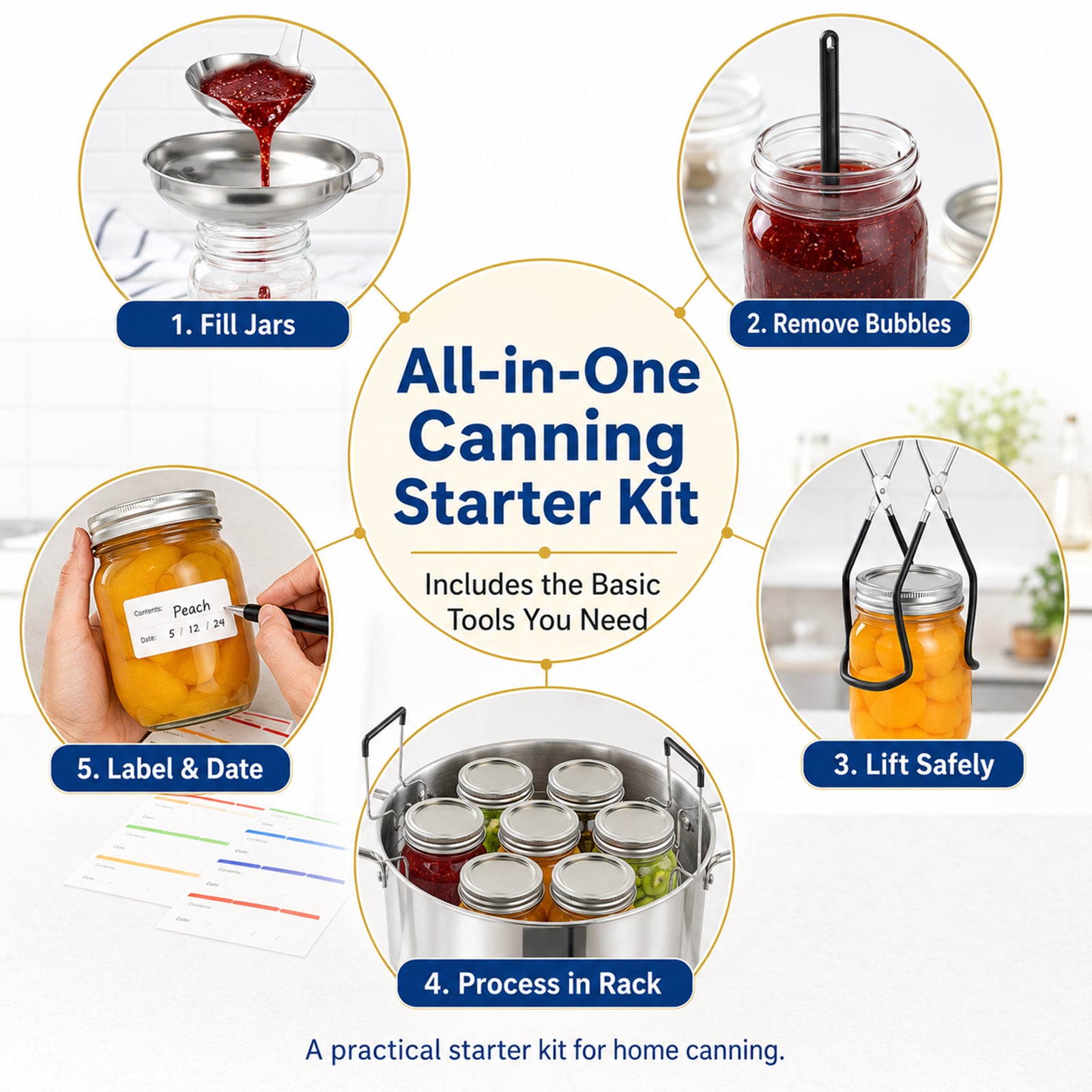 TeSabMi Canning Supplies Starter Kit, 11-Piece Water Bath Canning Tools Set with Rack, Jar Lifter, Funnel, Magnetic Lid Lifter, Black
