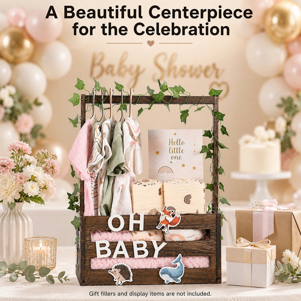 TeSabMi Baby Shower Crate Closet, Wooden Gift Basket with Alphabet Letters, Clothes Hangers and Vine for Custom Name Display, Brown