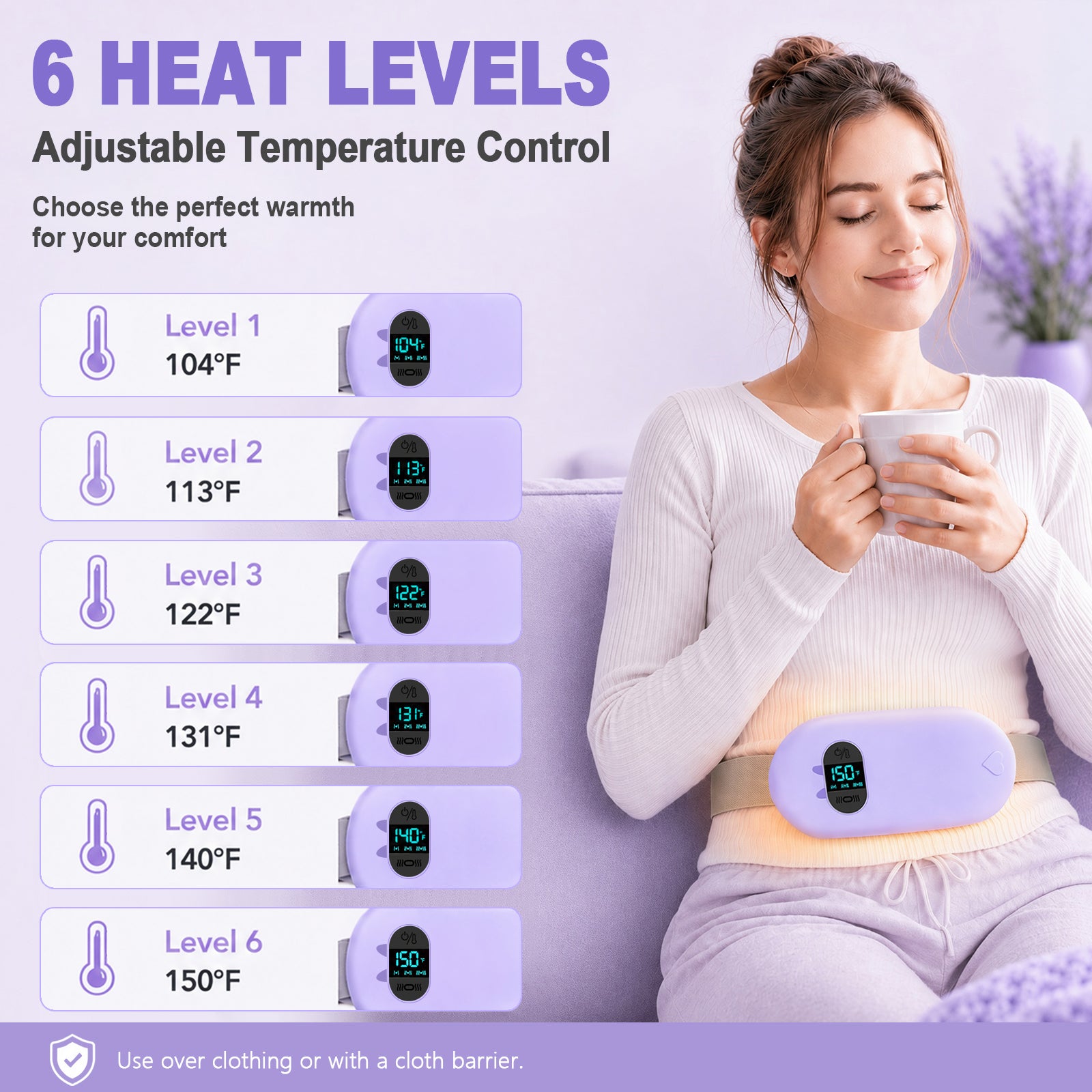 TeSabMi Cordless Heating Pad for Period Cramps, Portable Menstrual Heating Belt with 6 Heat Levels, 6 Vibration Modes, Gift for Women Her Purple
