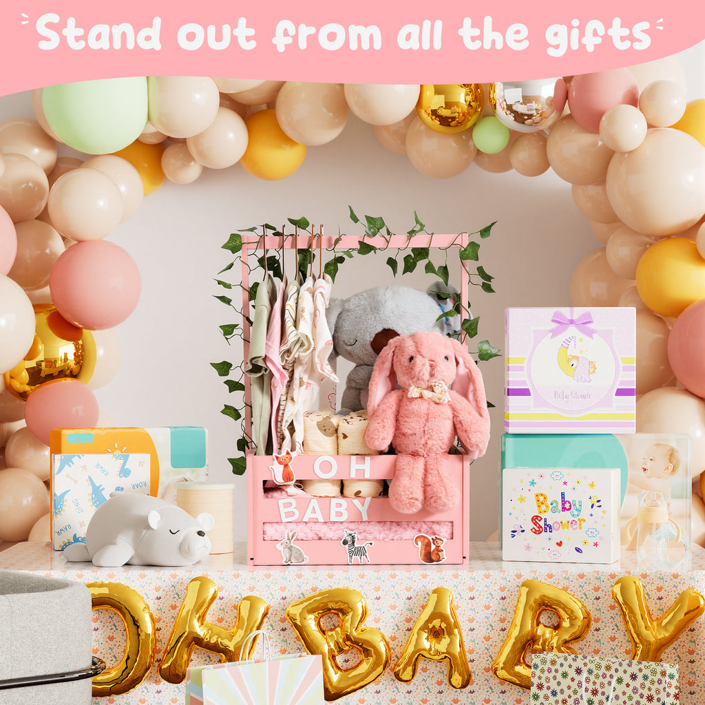 TeSabMi Baby Shower Gift Basket, Personalized Wooden Crate with Letters and Clothes Hangers for Newborn Nursery Room Pink