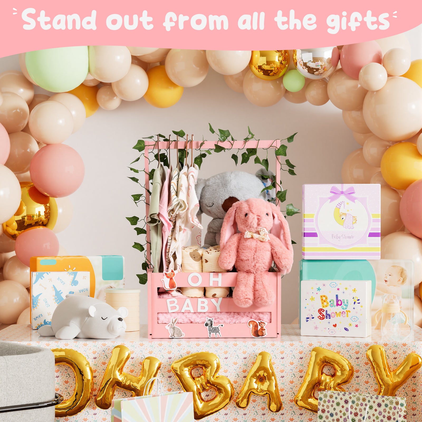 TeSabMi Baby Shower Gift Basket, Personalized Wooden Crate with Letters and Clothes Hangers for Newborn Nursery Room Pink