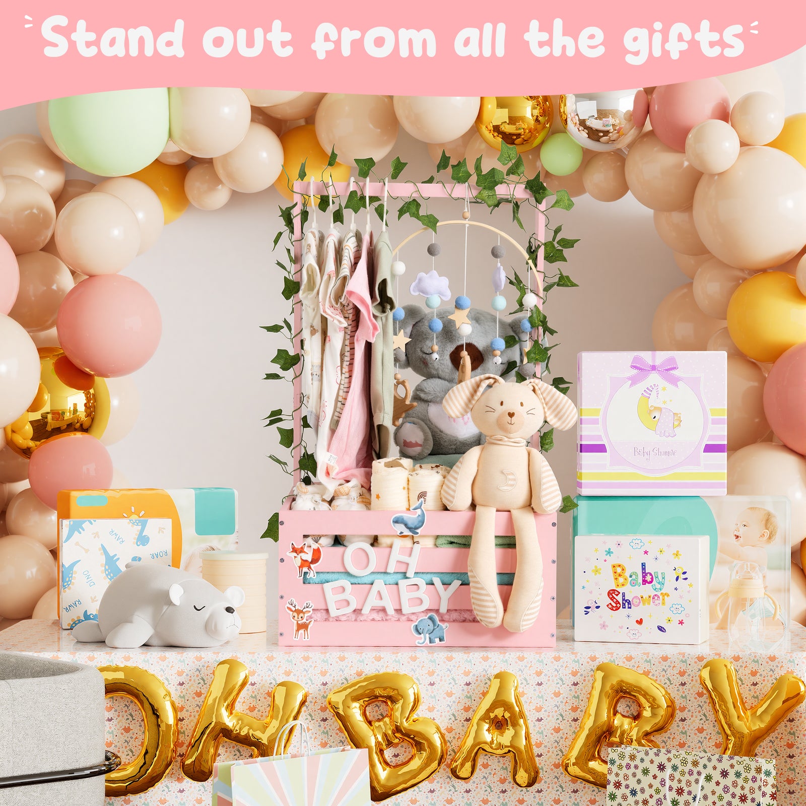 TeSabMi Baby Shower Gift Basket, Large Personalized Wooden Crate with Letters and Clothes Hangers for Newborn Nursery Room, Pink