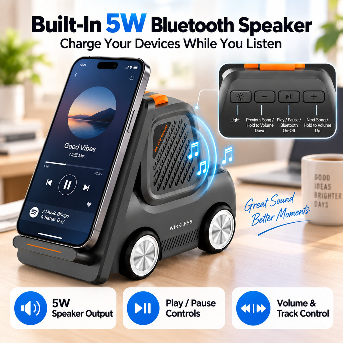 TeSabMi 5-in-1 Wireless Charging Station with Bluetooth Speaker, Up to 15W Dual-Coil Charger, Compatible with iPhone, Apple Watch & AirPods