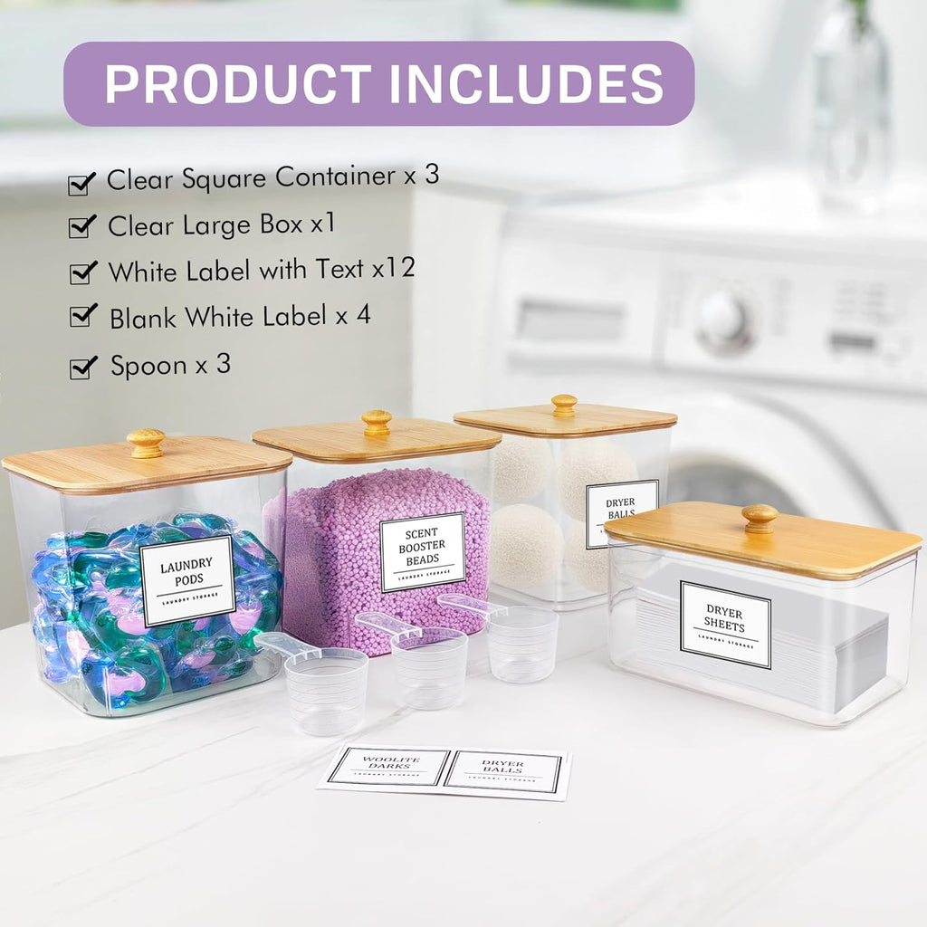 TeSabMi 3+1 Pack Laundry Pods Container Set with Dryer Sheet Holder, PET Plastic Storage Jars with Labels & Scoops, Natural