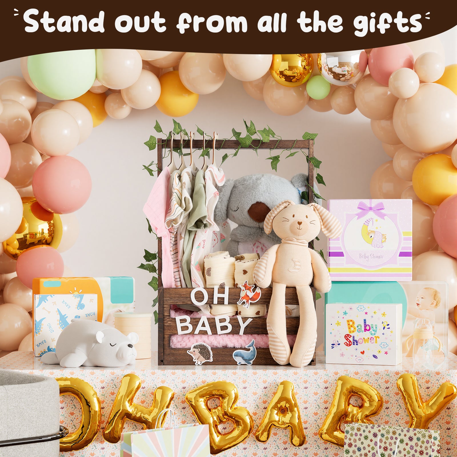 TeSabMi Baby Shower Gift Basket, Personalized Wooden Crate with Letters and Clothes Hangers for Newborn Nursery Room, Brown