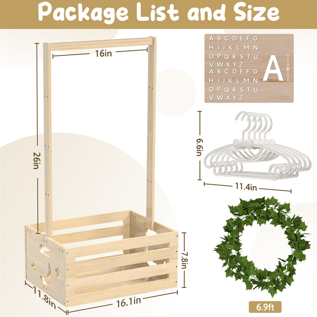 TeSabMi Baby Shower Gift Basket, Large Personalized Wooden Crate with Letters and Clothes Hangers for Newborn Nursery Room