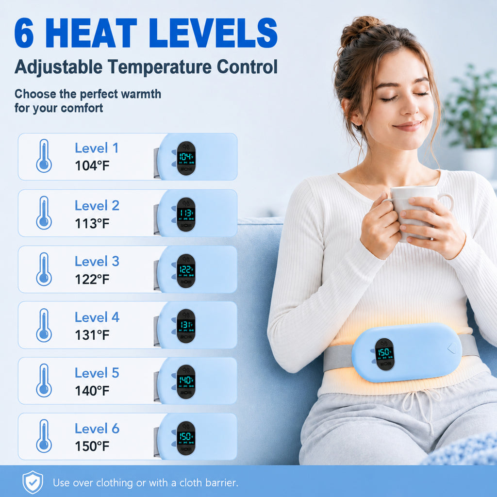TeSabMi Cordless Heating Pad for Period Cramps, Portable Menstrual Heating Belt with 6 Heat Levels, 6 Vibration Modes, Gift for Women Her Blue