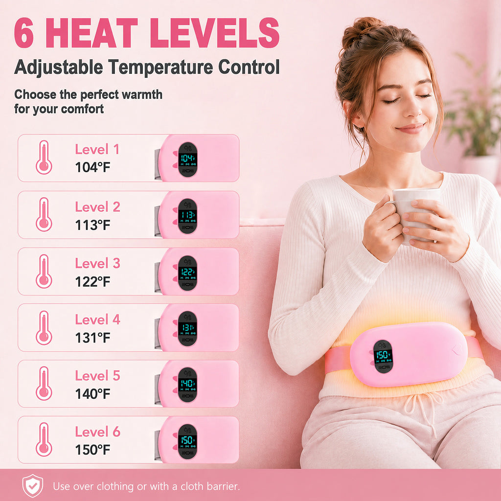 TeSabMi Cordless Heating Pad for Period Cramps, Portable Menstrual Heating Belt with 6 Heat Levels, 6 Vibration Modes, Gift for Women Her Pink