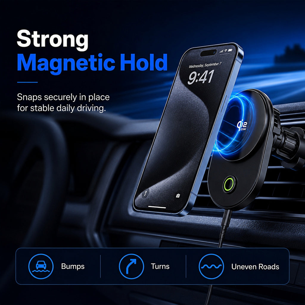 TeSabMi 25W Fast Charging Magnetic Wireless Car Charger Mount with Active Cooling, Air Vent Phone Holder for iPhone 12 to 17 Series