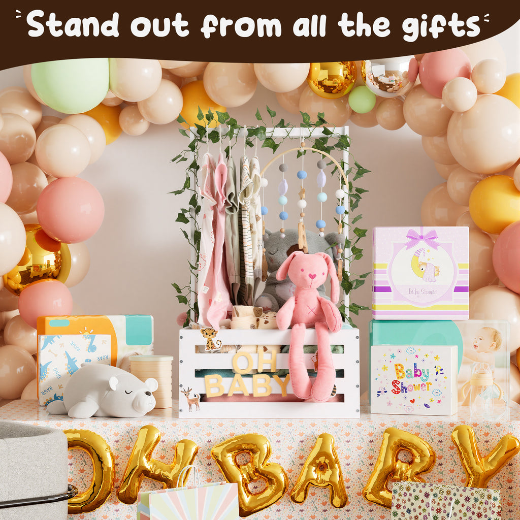 TeSabMi Baby Shower Gift Basket, Large Personalized Wooden Crate with Letters and Clothes Hangers for Newborn Nursery Room, White