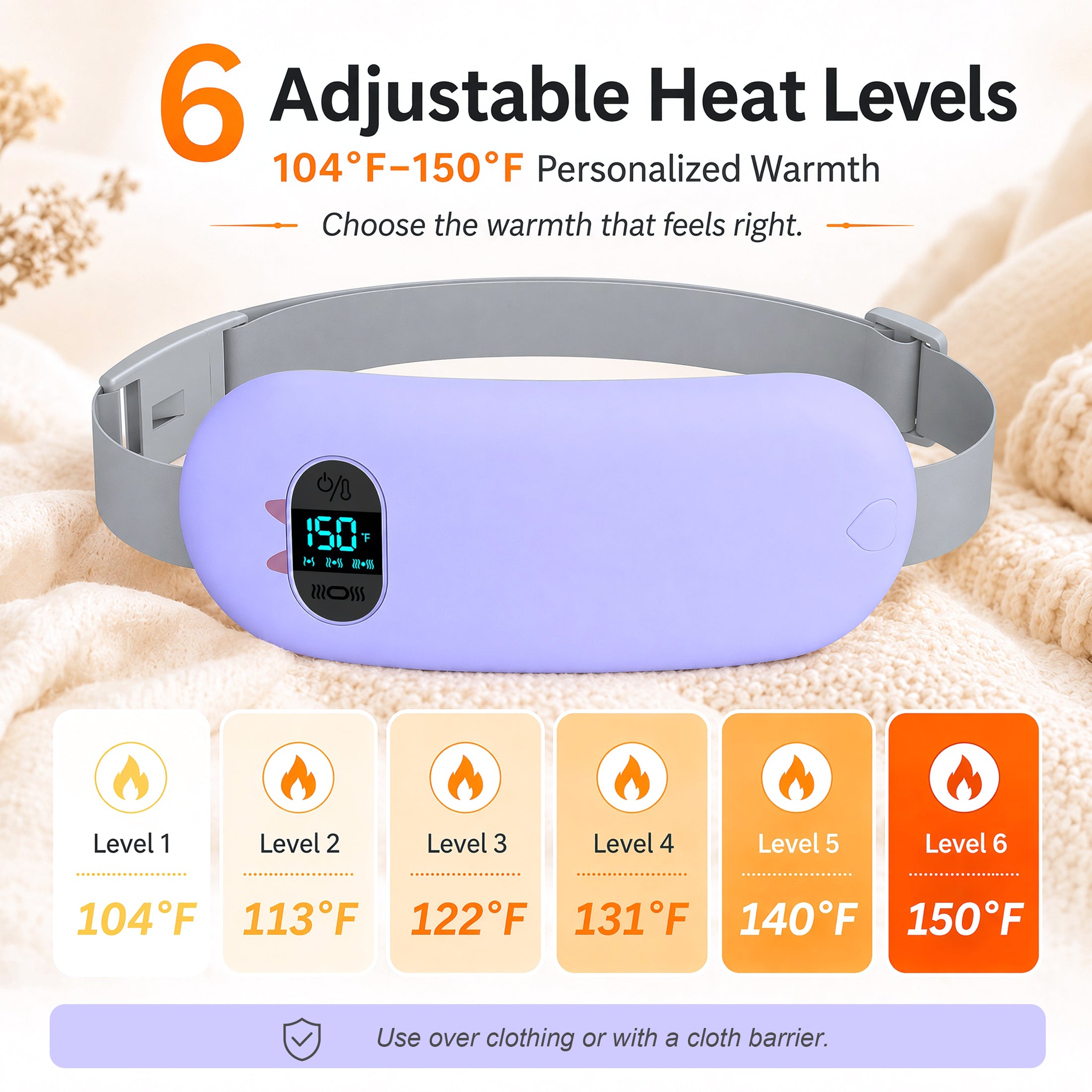 TeSabMi Cordless Heating Pad for Period Cramps, Portable Menstrual Heating Belt with 6 Heat Levels, 6 Vibration Modes, Gift for Women Her Purple