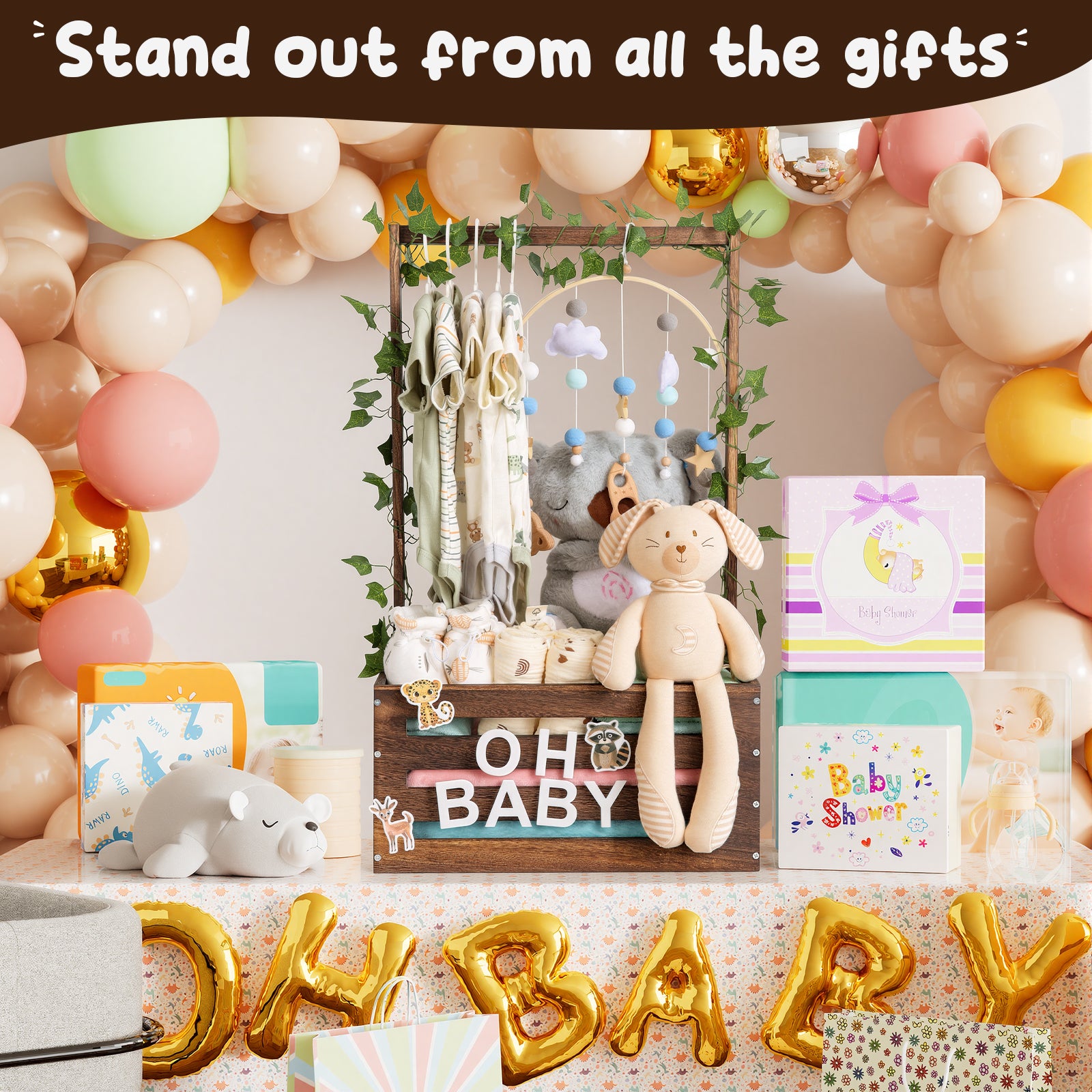 TeSabMi Baby Shower Gift Basket, Large Personalized Wooden Crate with Letters and Clothes Hangers for Newborn Nursery Room, Brown