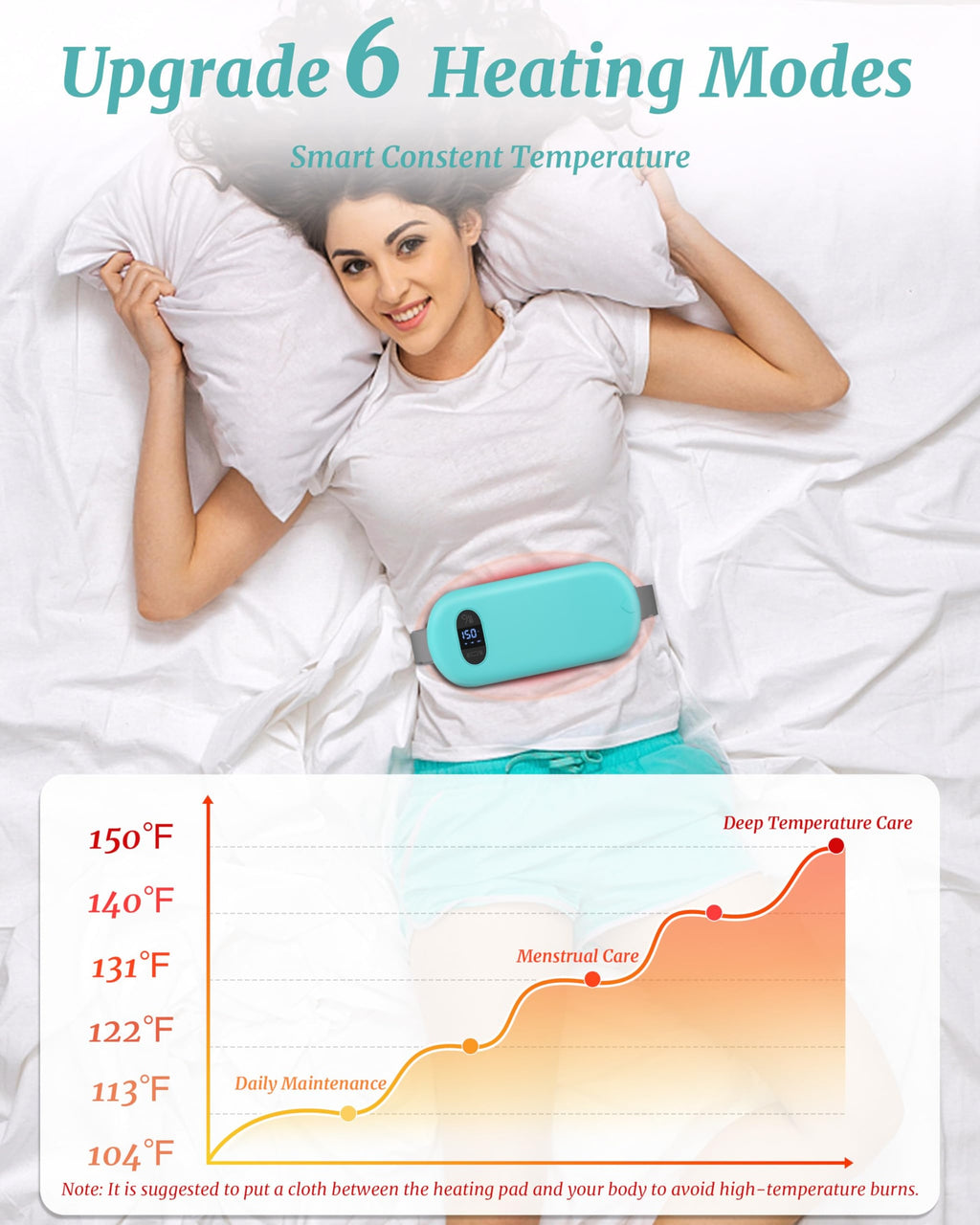 TeSabMi Cordless Heating Pad for Period Cramps, Portable Menstrual Heating Belt with 6 Heat Levels, 6 Vibration Modes, Gift for Women, Light Blue