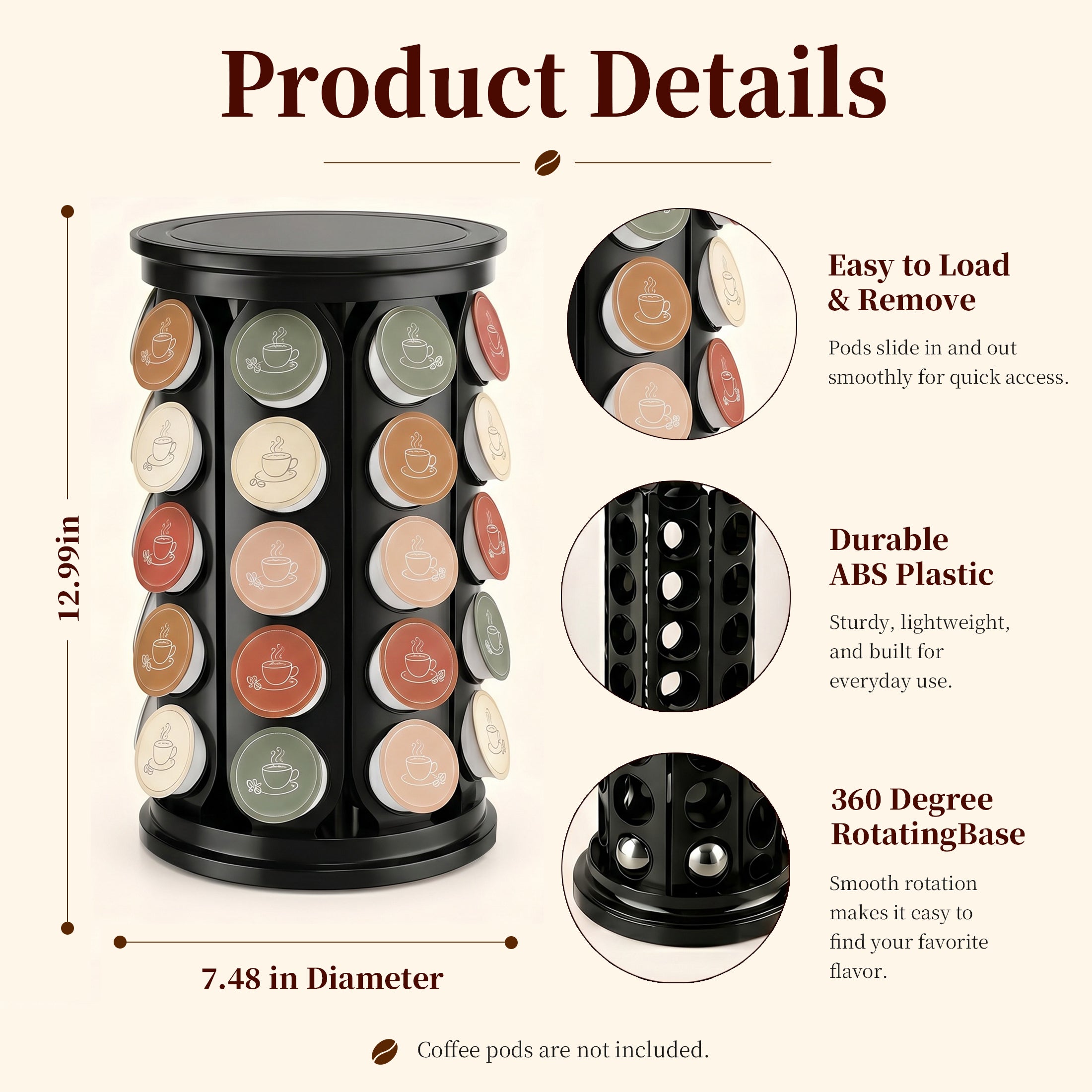 TeSabMi K Cup Holder, 40-Pod Coffee Pod Carousel Organizer, 360 Degree Rotating Countertop Stand, Black