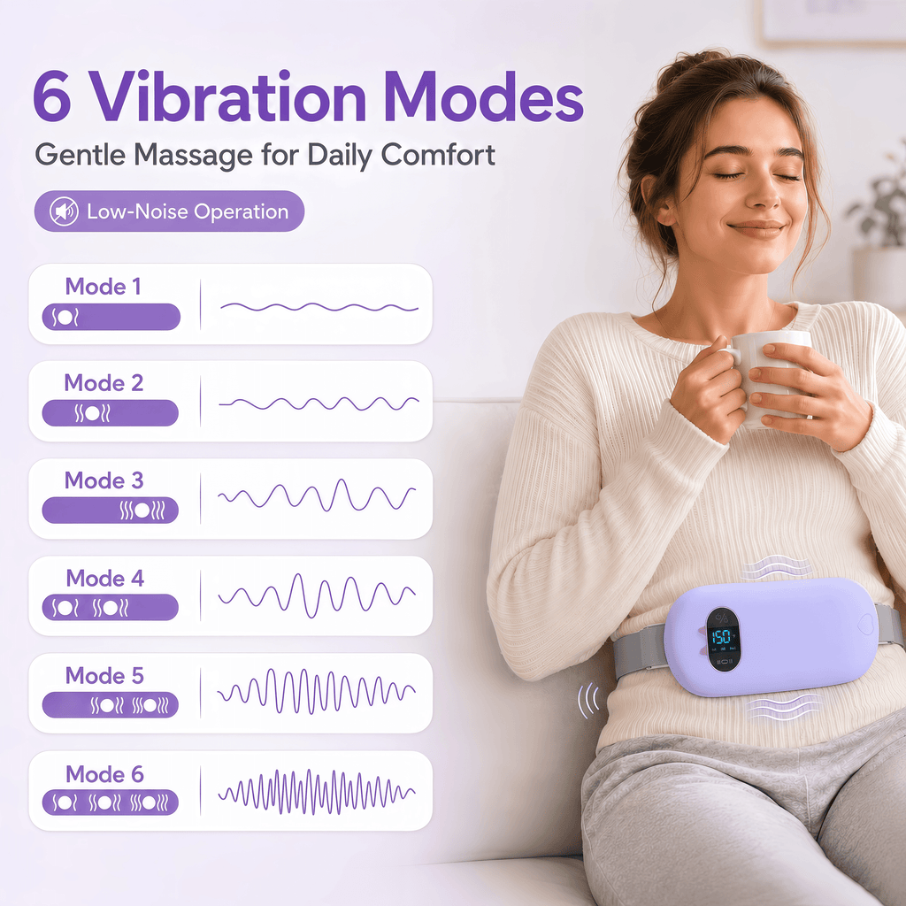 TeSabMi Cordless Heating Pad for Period Cramps, Portable Menstrual Heating Belt with 6 Heat Levels, 6 Vibration Modes, Gift for Women Her Purple