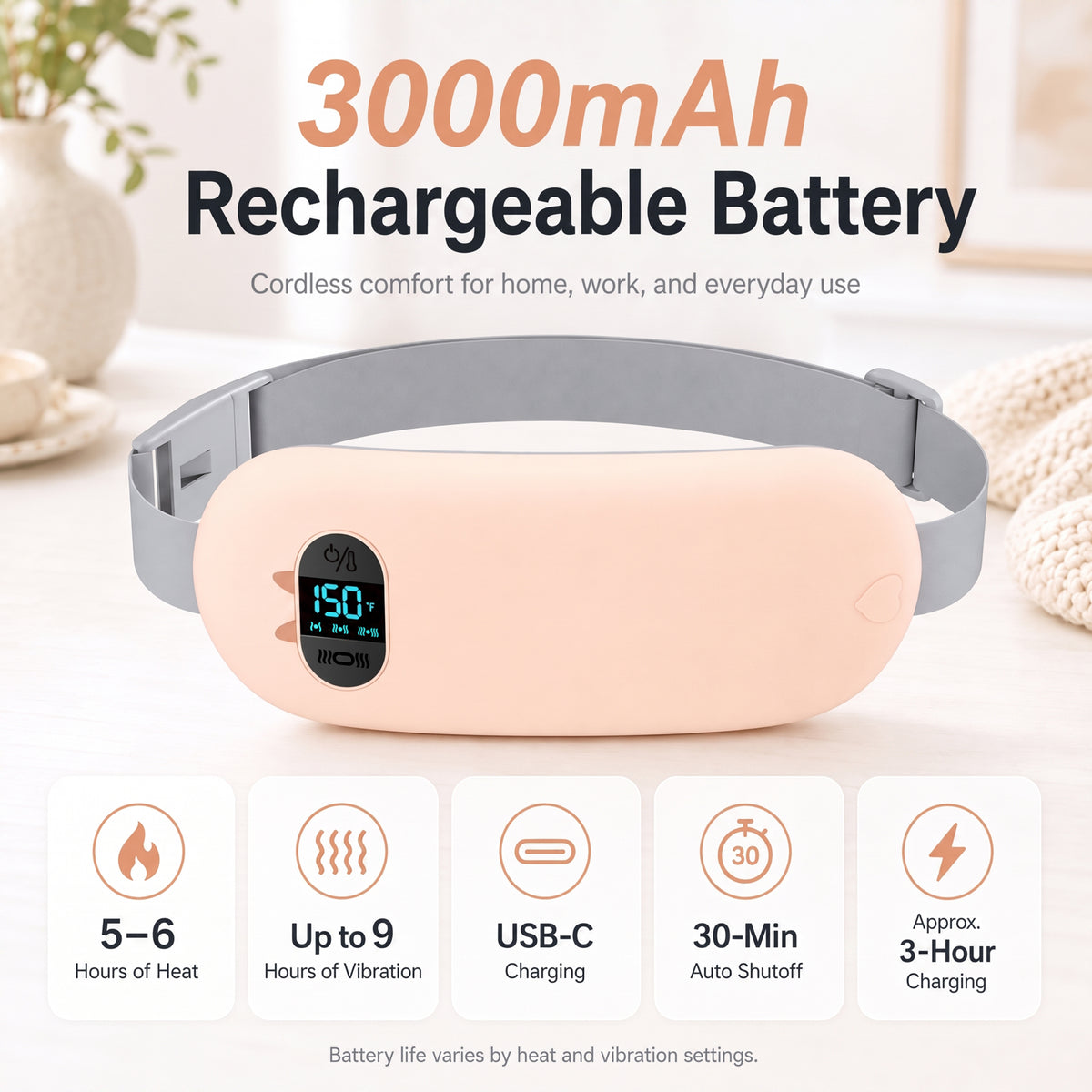 TeSabMi Cordless Heating Pad for Period Cramps, Portable Menstrual Heating Belt with 6 Heat Levels, 6 Vibration Modes, Gift for Women