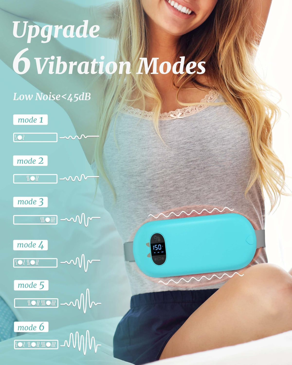 TeSabMi Cordless Heating Pad for Period Cramps, Portable Menstrual Heating Belt with 6 Heat Levels, 6 Vibration Modes, Gift for Women, Light Blue
