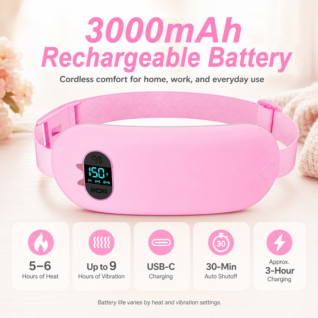 TeSabMi Cordless Heating Pad for Period Cramps, Portable Menstrual Heating Belt with 6 Heat Levels, 6 Vibration Modes, Gift for Women Her Pink