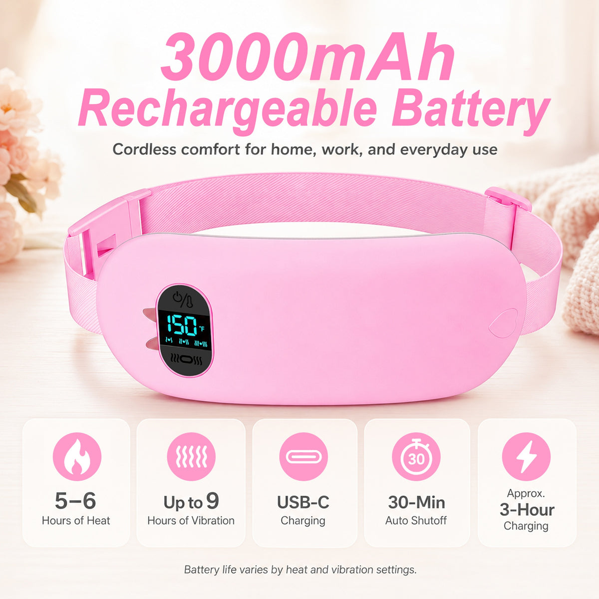 TeSabMi Cordless Heating Pad for Period Cramps, Portable Menstrual Heating Belt with 6 Heat Levels, 6 Vibration Modes, Gift for Women Her Pink