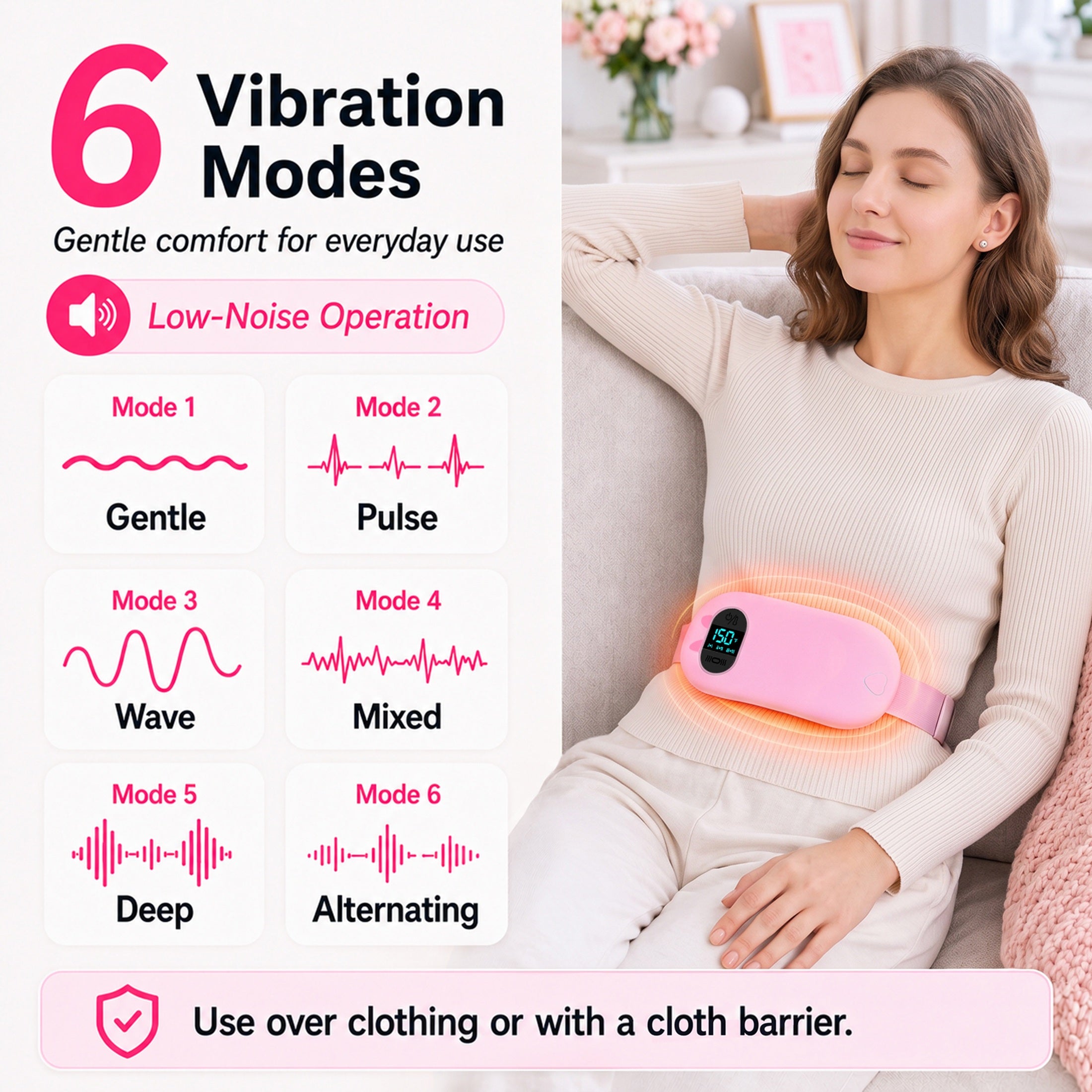 TeSabMi Cordless Heating Pad for Period Cramps, Portable Menstrual Heating Belt with 6 Heat Levels, 6 Vibration Modes, Gift for Women Her Pink
