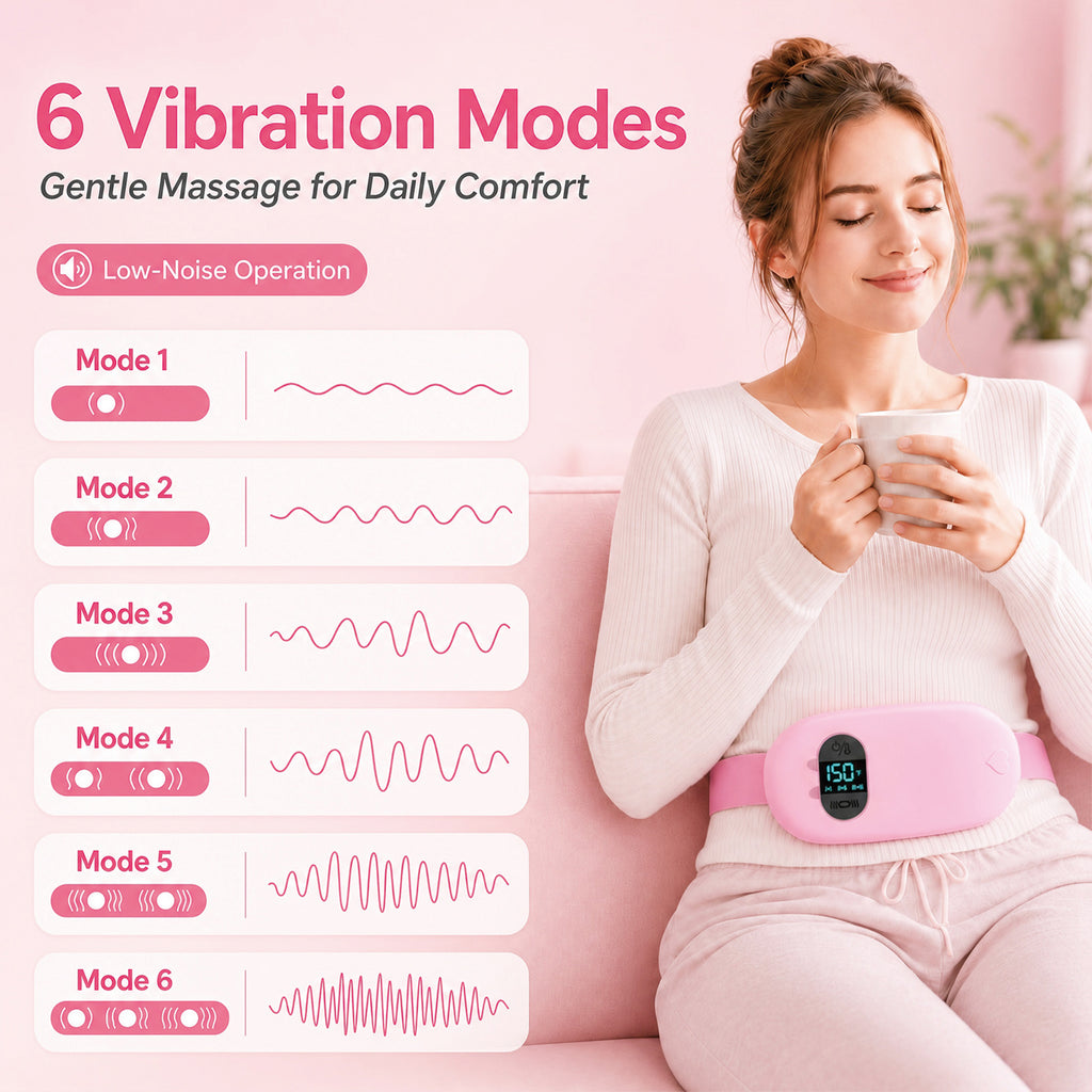TeSabMi Cordless Heating Pad for Period Cramps, Portable Menstrual Heating Belt with 6 Heat Levels, 6 Vibration Modes, Gift for Women Her Pink