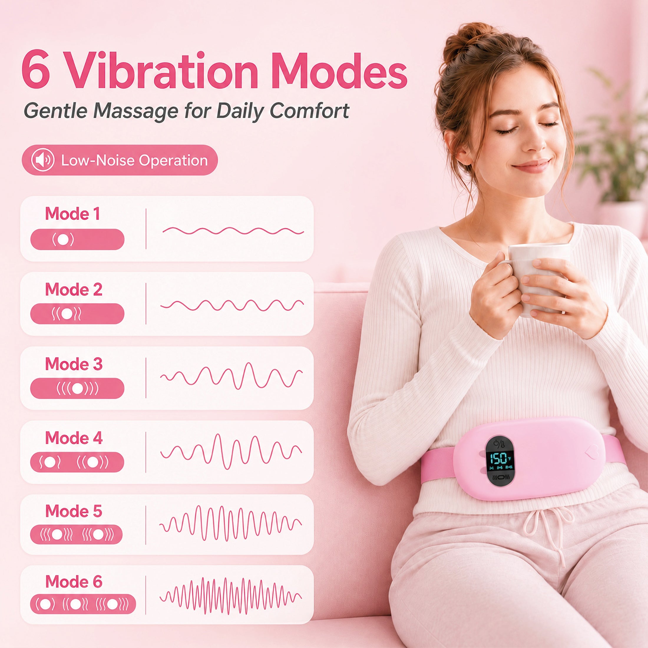 TeSabMi Cordless Heating Pad for Period Cramps, Portable Menstrual Heating Belt with 6 Heat Levels, 6 Vibration Modes, Gift for Women Her Pink