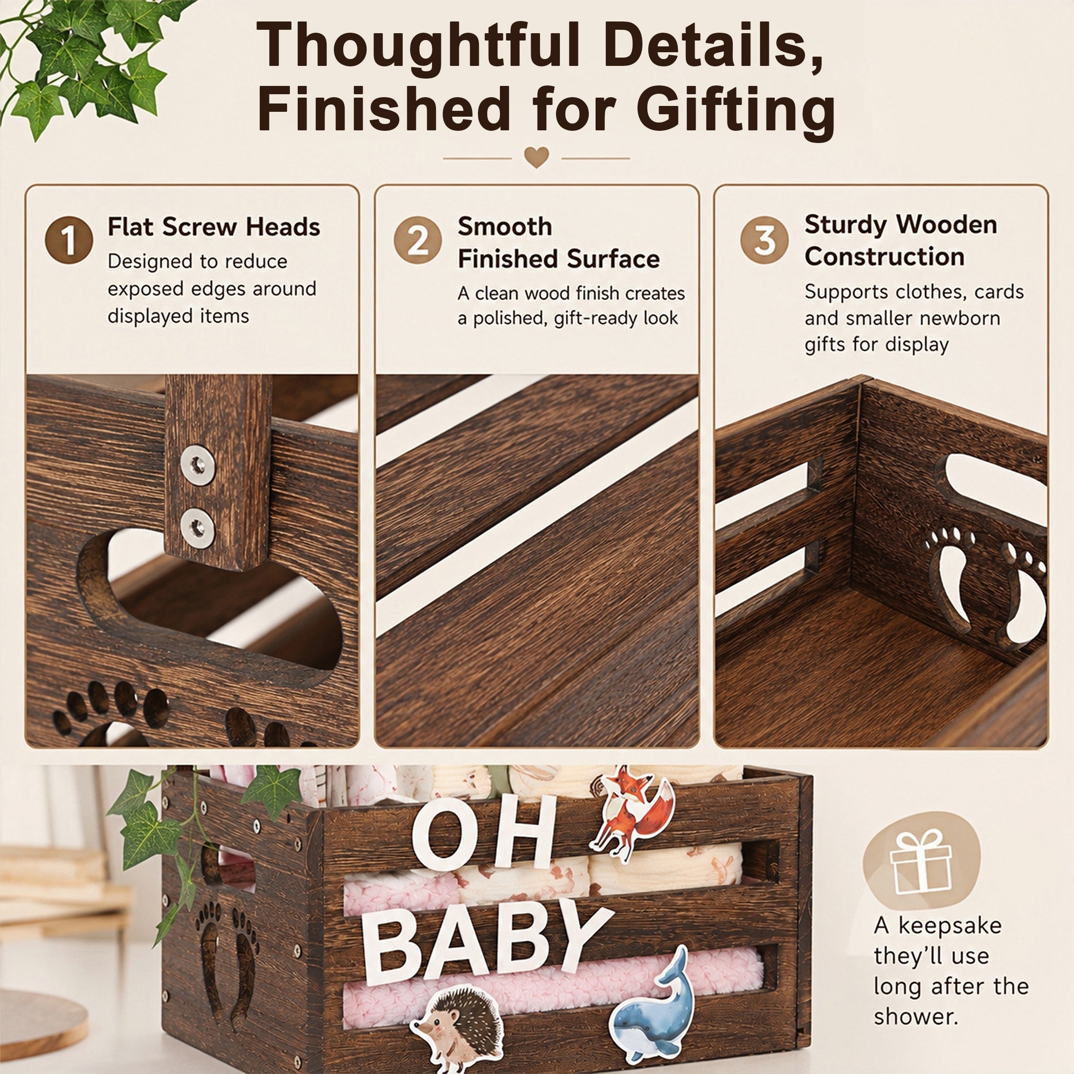 TeSabMi Baby Shower Crate Closet, Wooden Gift Basket with Alphabet Letters, Clothes Hangers and Vine for Custom Name Display, Brown