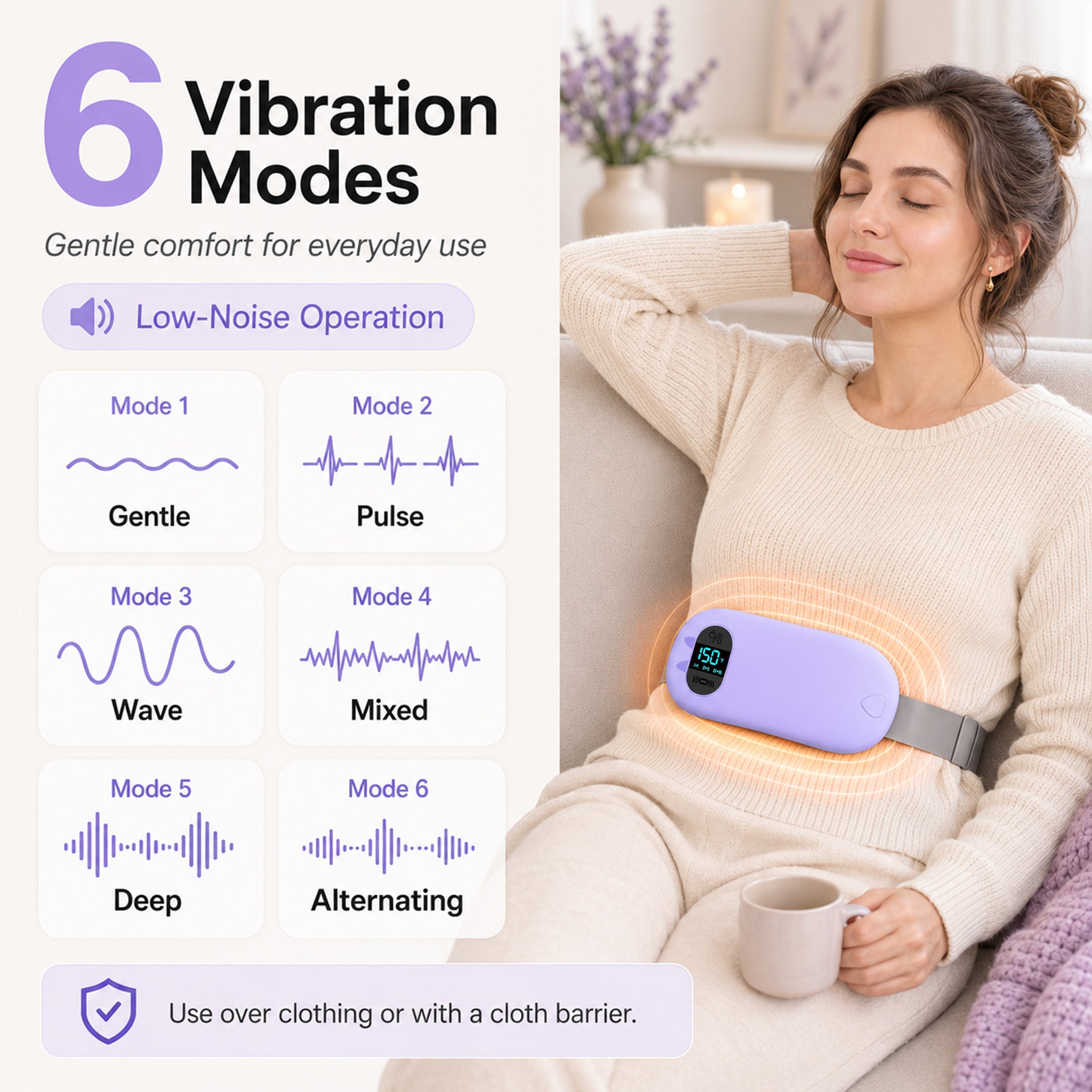 TeSabMi Cordless Heating Pad for Period Cramps, Portable Menstrual Heating Belt with 6 Heat Levels, 6 Vibration Modes, Gift for Women Her Purple