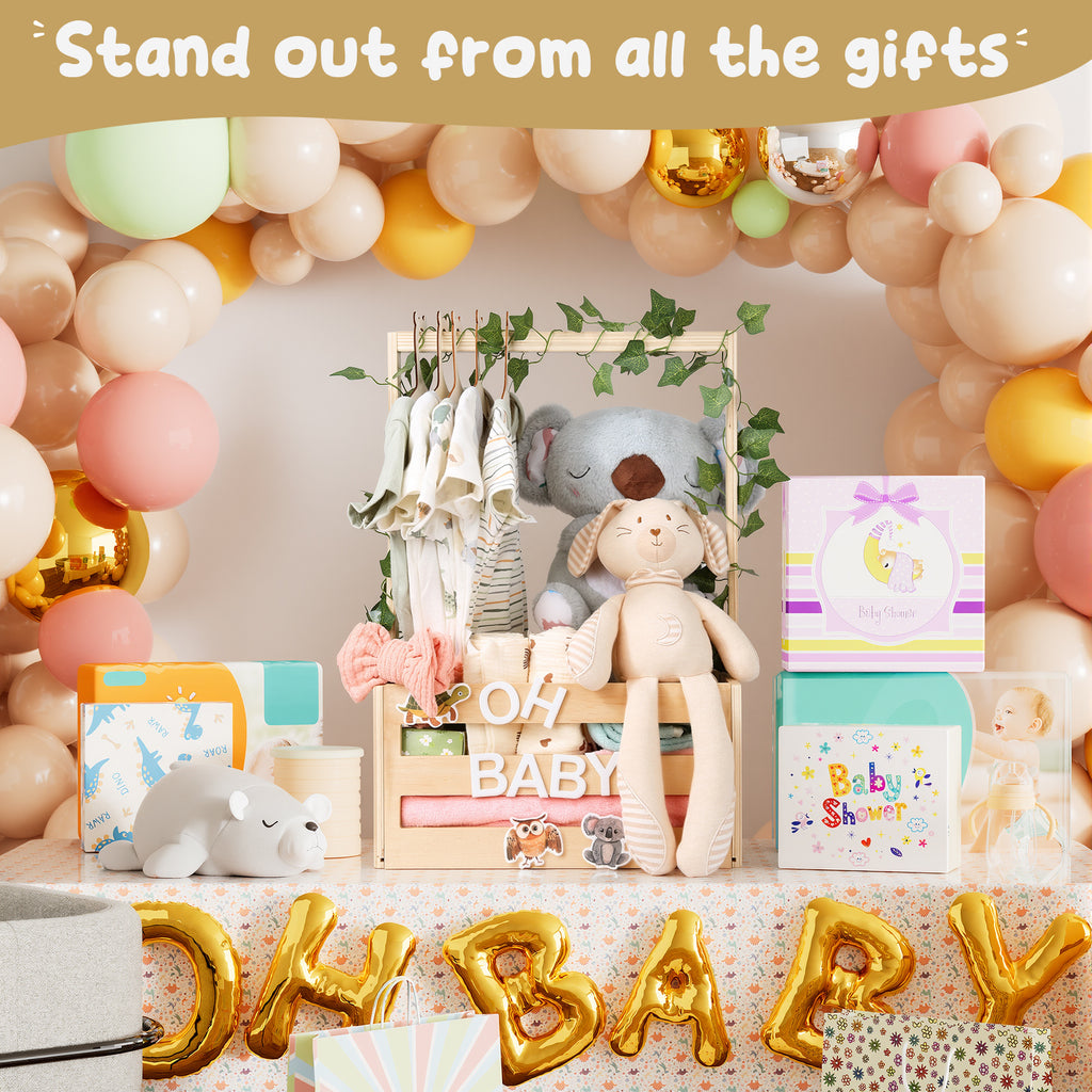 TeSabMi Baby Shower Gift Basket, Personalized Wooden Crate with Letters and Clothes Hangers for Newborn Nursery Room