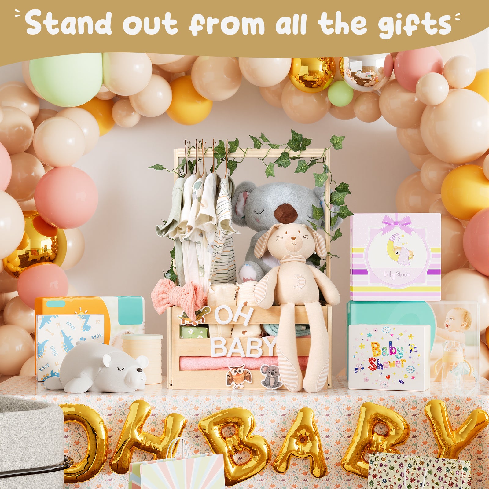 TeSabMi Baby Shower Gift Basket, Personalized Wooden Crate with Letters and Clothes Hangers for Newborn Nursery Room