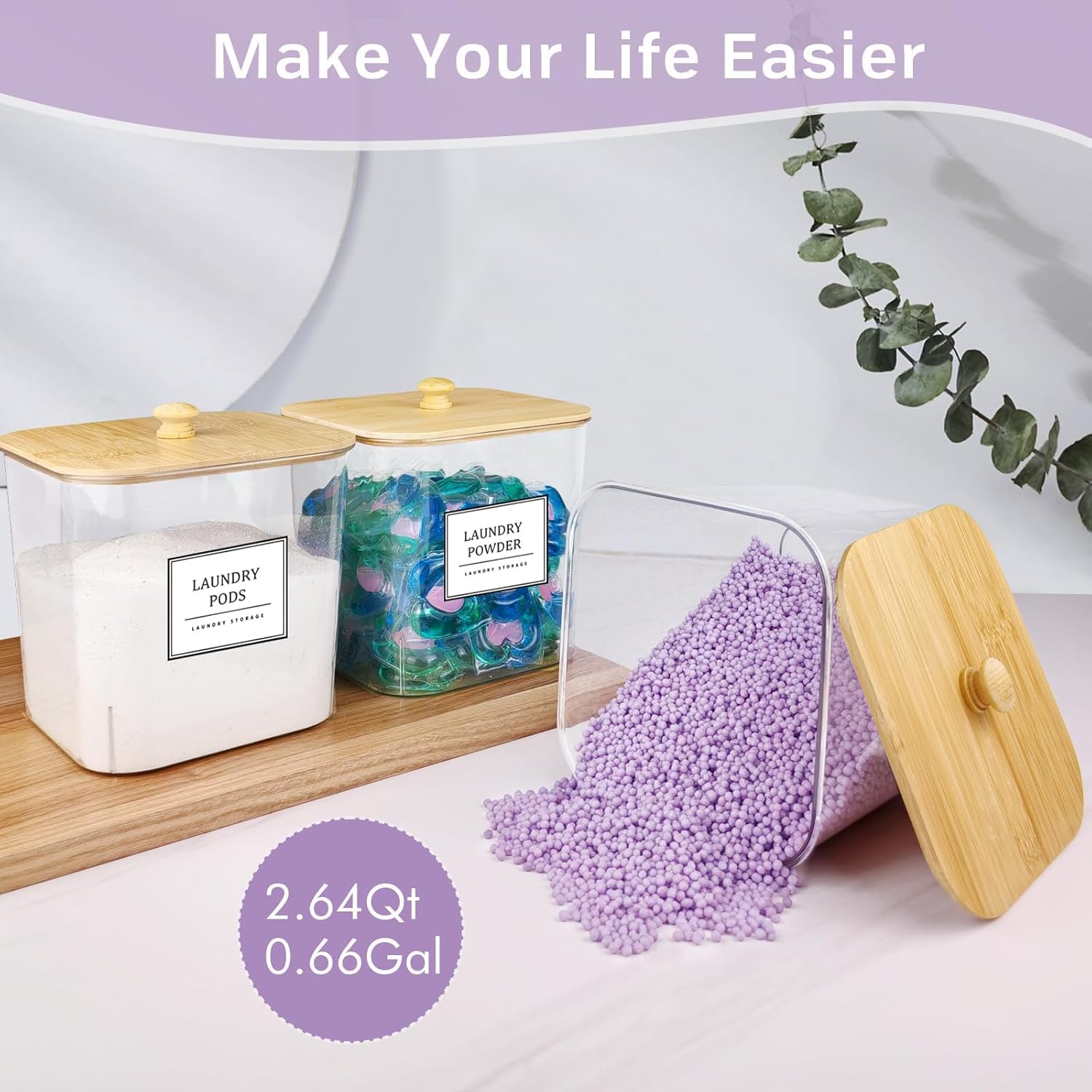 TeSabMi 3+1 Pack Laundry Pods Container Set with Dryer Sheet Holder, PET Plastic Storage Jars with Labels & Scoops, Natural