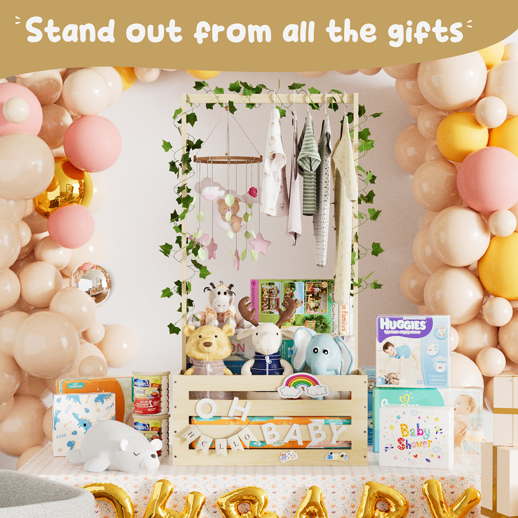 TeSabMi Baby Shower Gift Basket, Large Personalized Wooden Crate with Letters and Clothes Hangers for Newborn Nursery Room