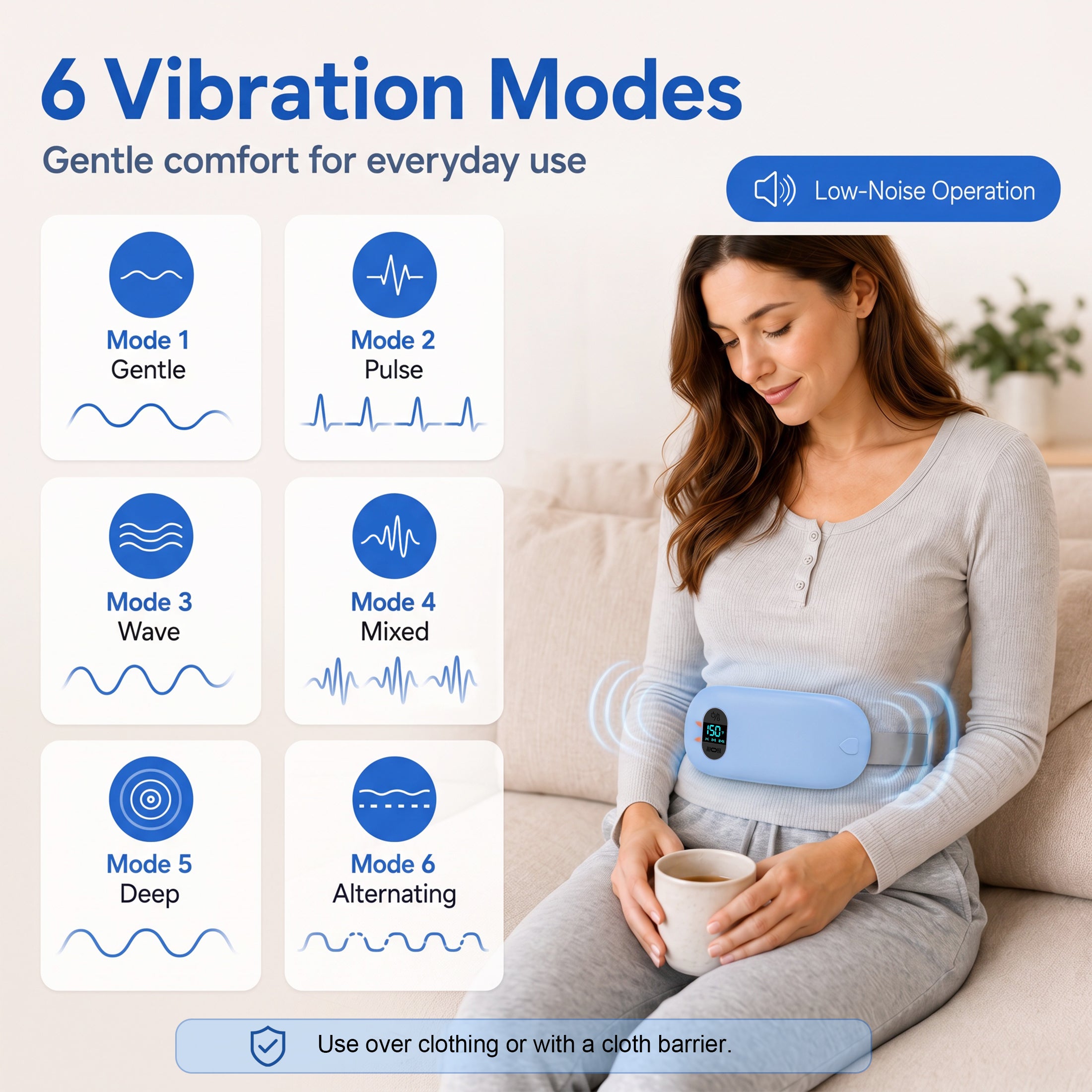 TeSabMi Cordless Heating Pad for Period Cramps, Portable Menstrual Heating Belt with 6 Heat Levels, 6 Vibration Modes, Gift for Women Her Blue